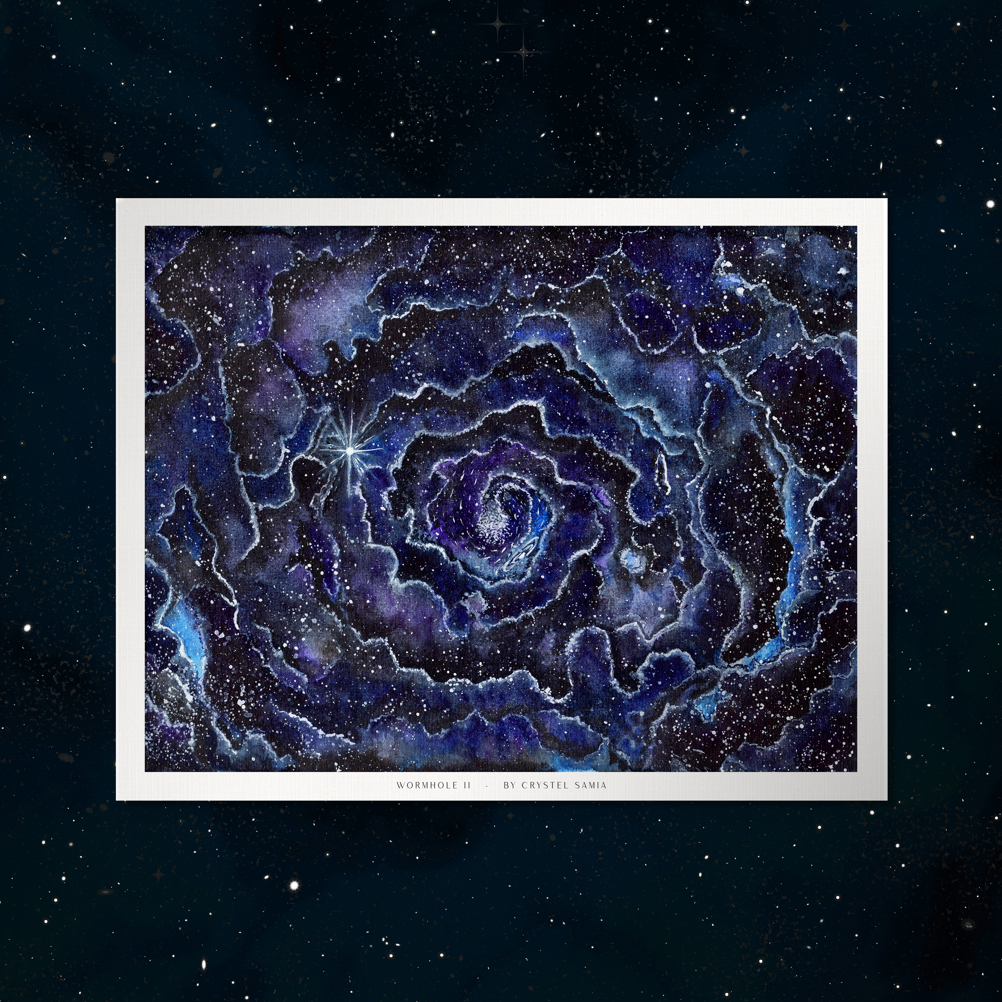 Wormhole II - Watercolor on Paper Signed by Artist and Numbered Art Print on High Quality Canvas Paper, blue black spiral wavy space stars galaxy