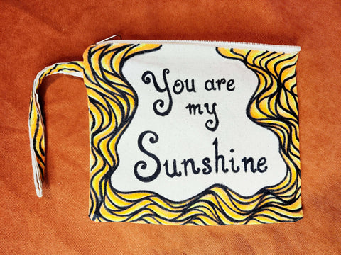 You are my Sunshine - Hand Painted Zipper Pouch - linen bag, purse - Crystel Samia Universe