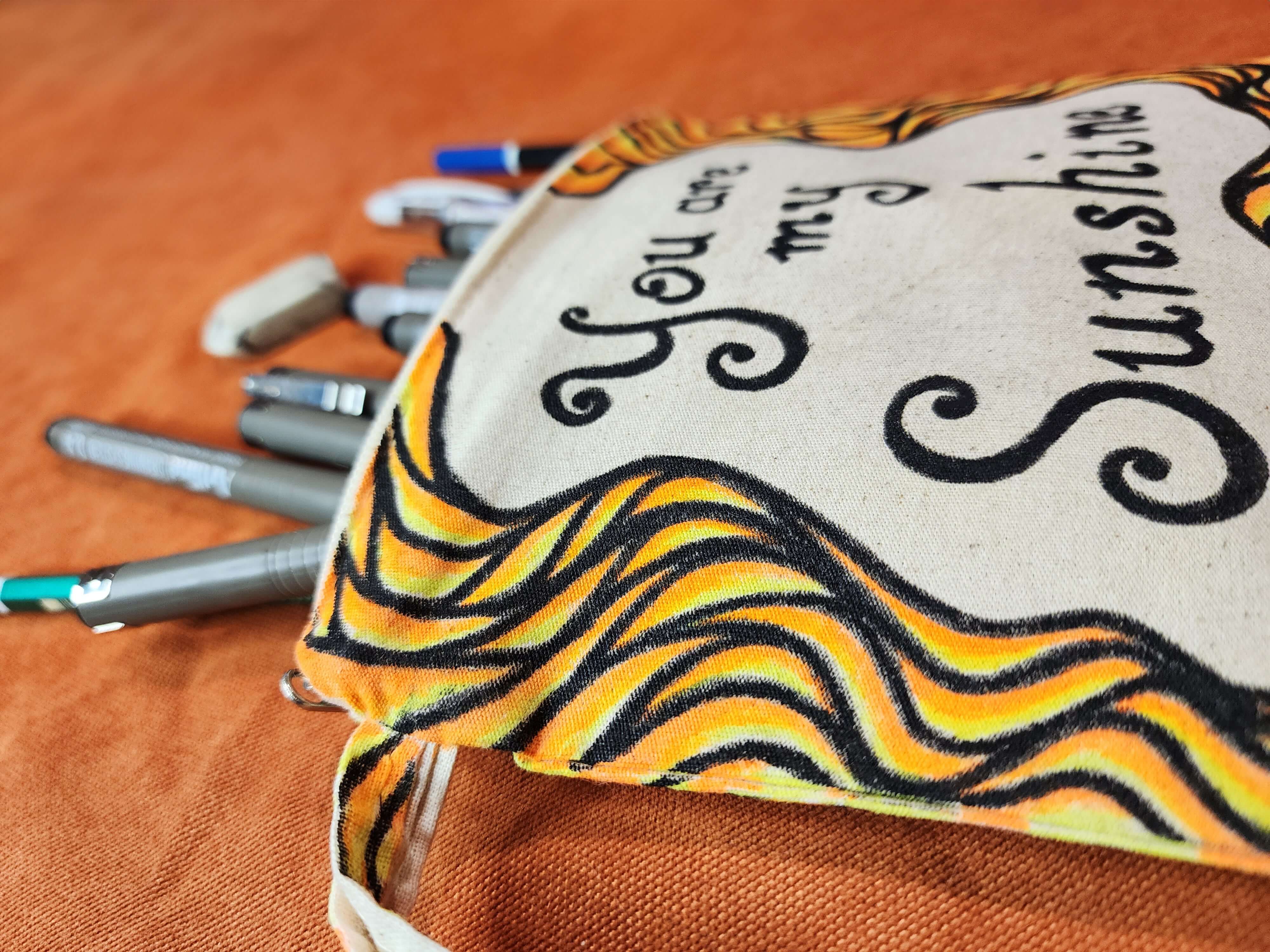 You are my Sunshine - Hand Painted Zipper Pouch - linen bag, purse - Crystel Samia Universe