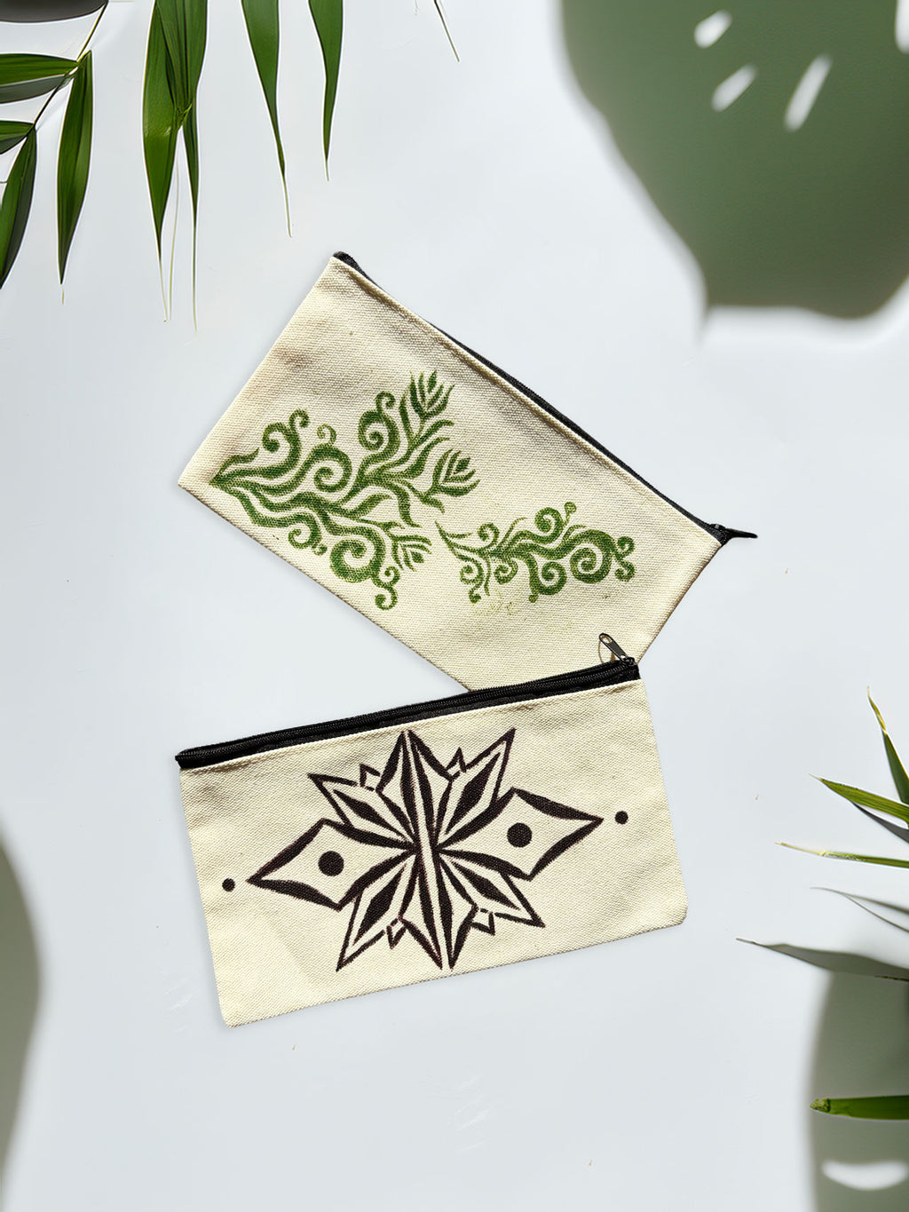 One-of-a-Kind Lino-Printed Linen Pouches - Green Floral