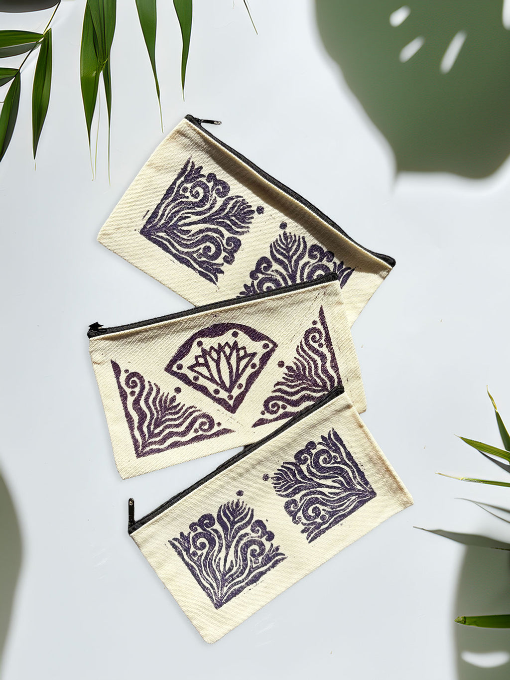 One-of-a-Kind Lino-Printed Linen Pouches - Purple Floral