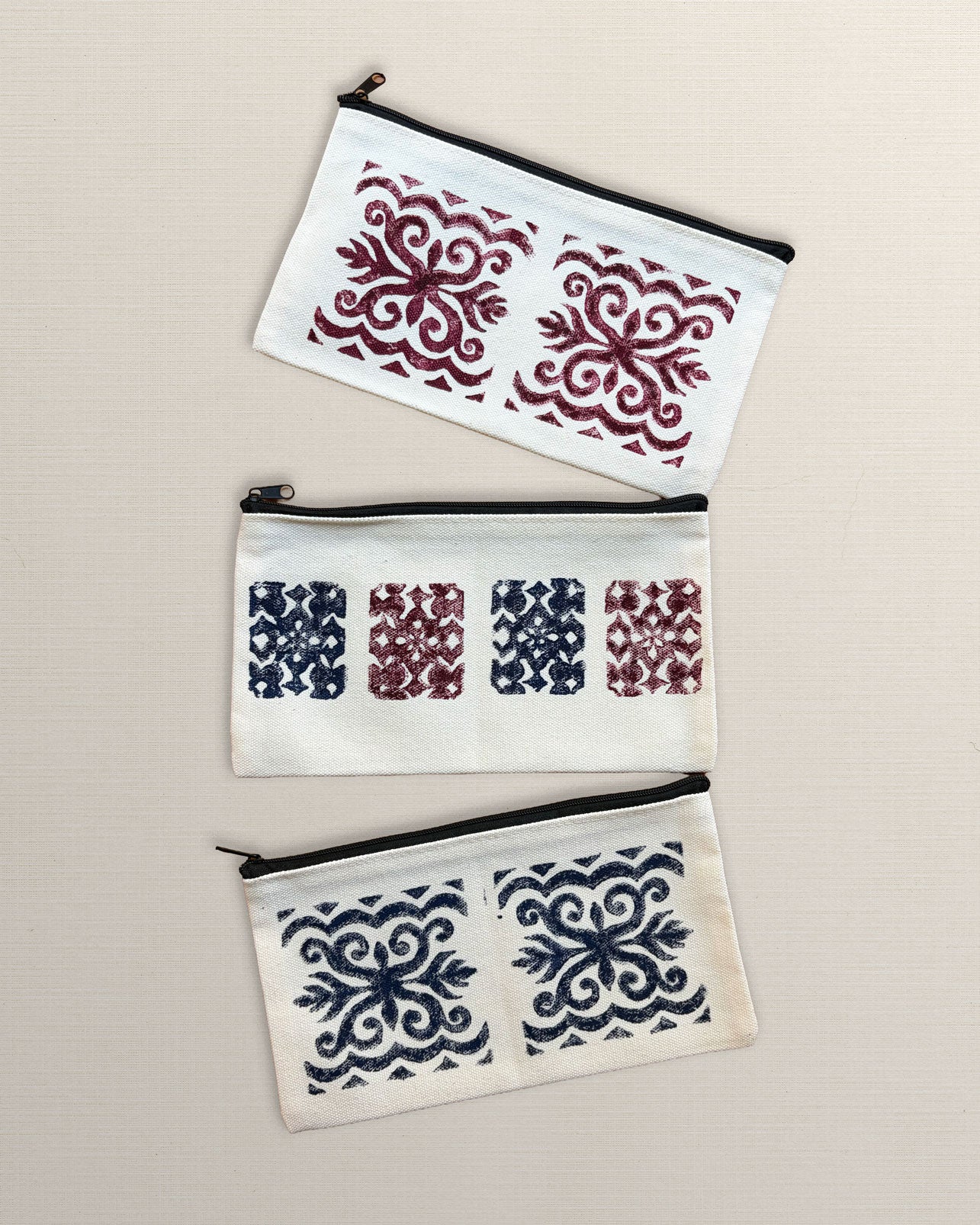 One-of-a-Kind Lino-Printed Linen Pouches - Red Patterns