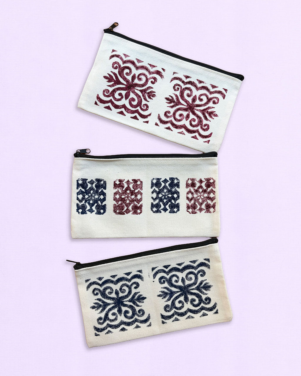 One-of-a-Kind Lino-Printed Linen Pouches - Red Patterns