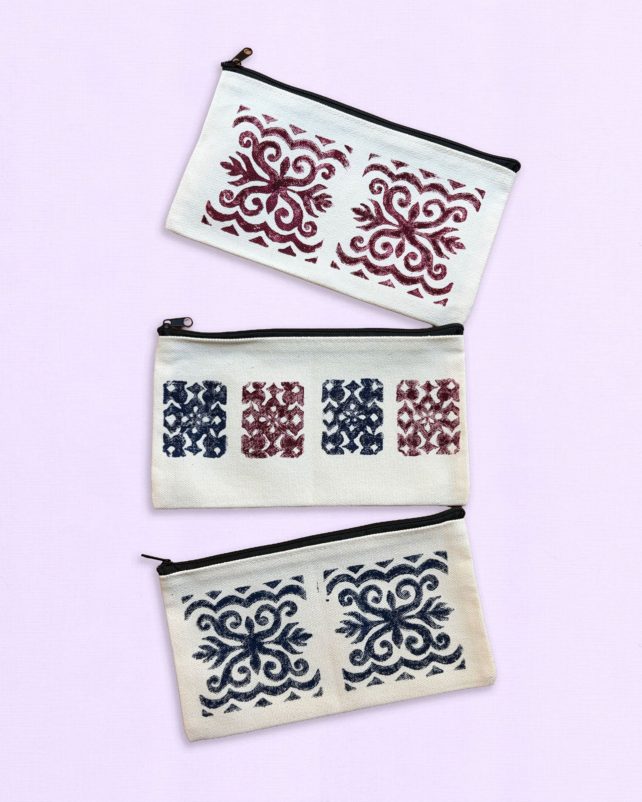 One-of-a-Kind Lino-Printed Linen Pouches - Red Patterns
