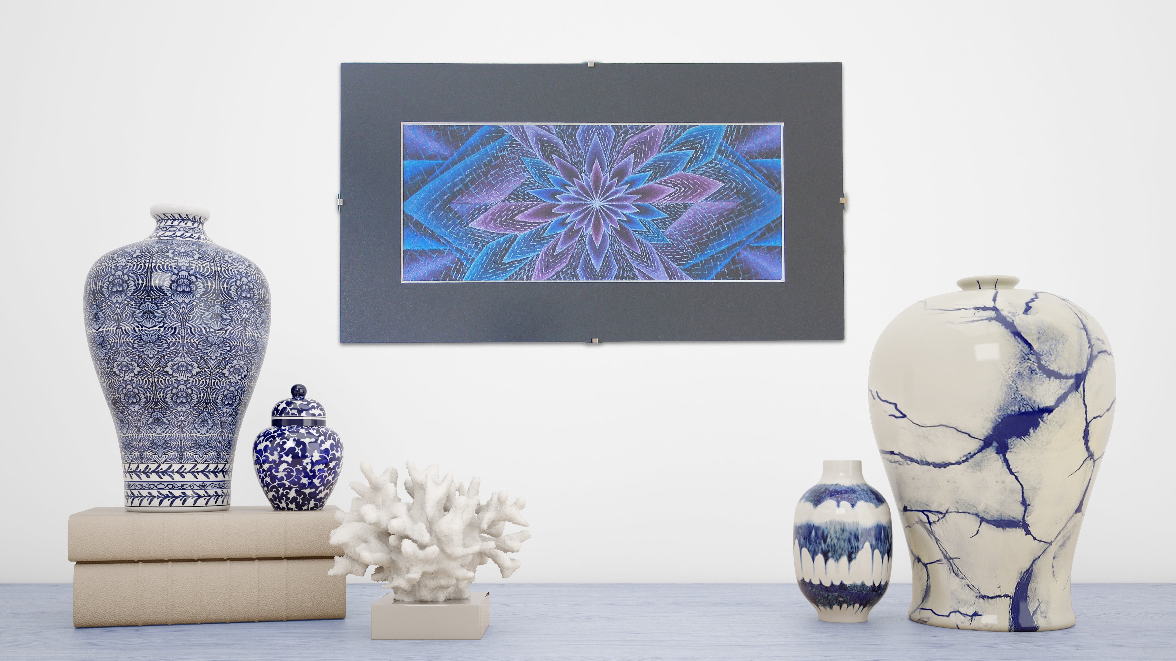 "Blue Blotus" Original Artwork line Art patterns colorful Signed by Artist organic home decoration wall hangings framed flower star blue and purple 1/1 visionary original art for sale