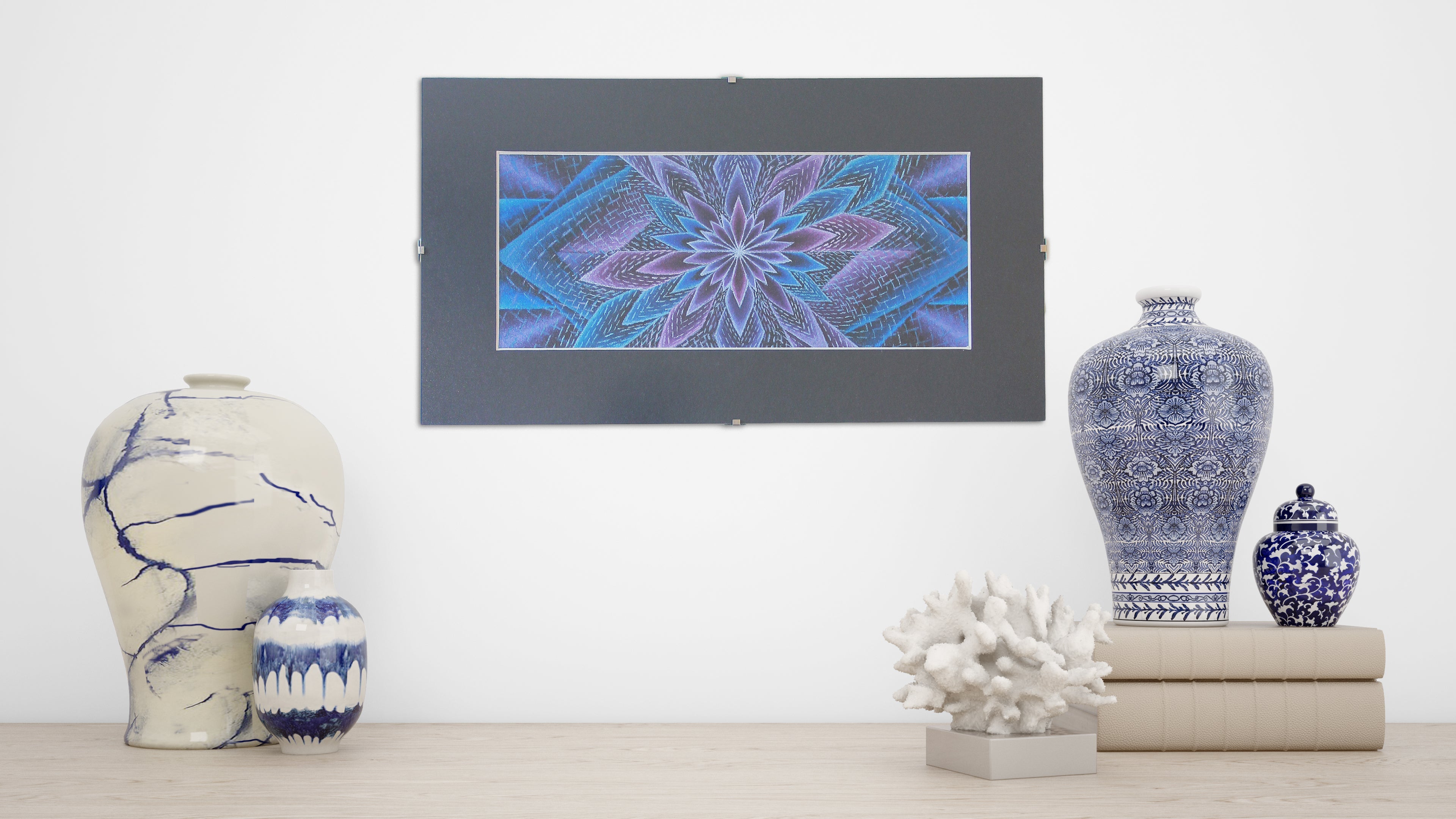 "Blue Blotus" Original Artwork line Art patterns colorful Signed by Artist organic home decoration wall hangings framed flower star blue and purple 1/1 visionary original art for sale