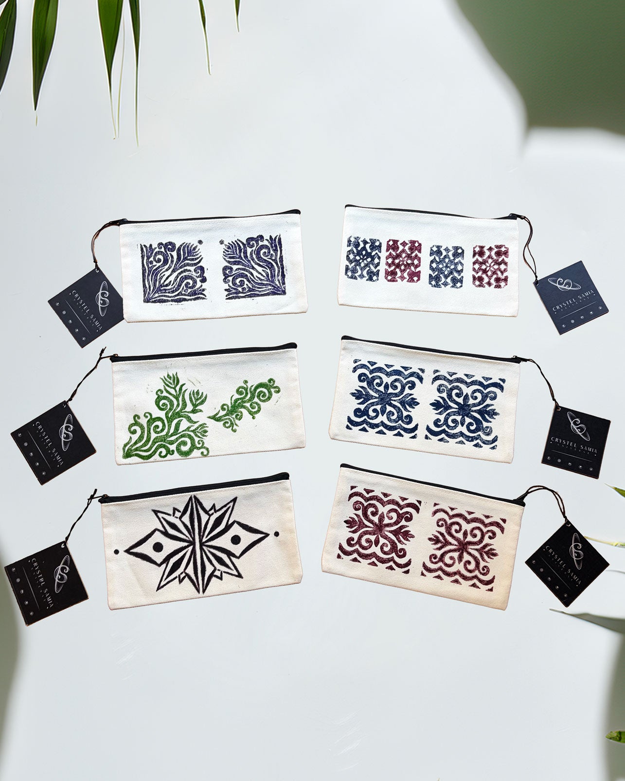 One-of-a-Kind Lino-Printed Linen Pouches - Red Patterns