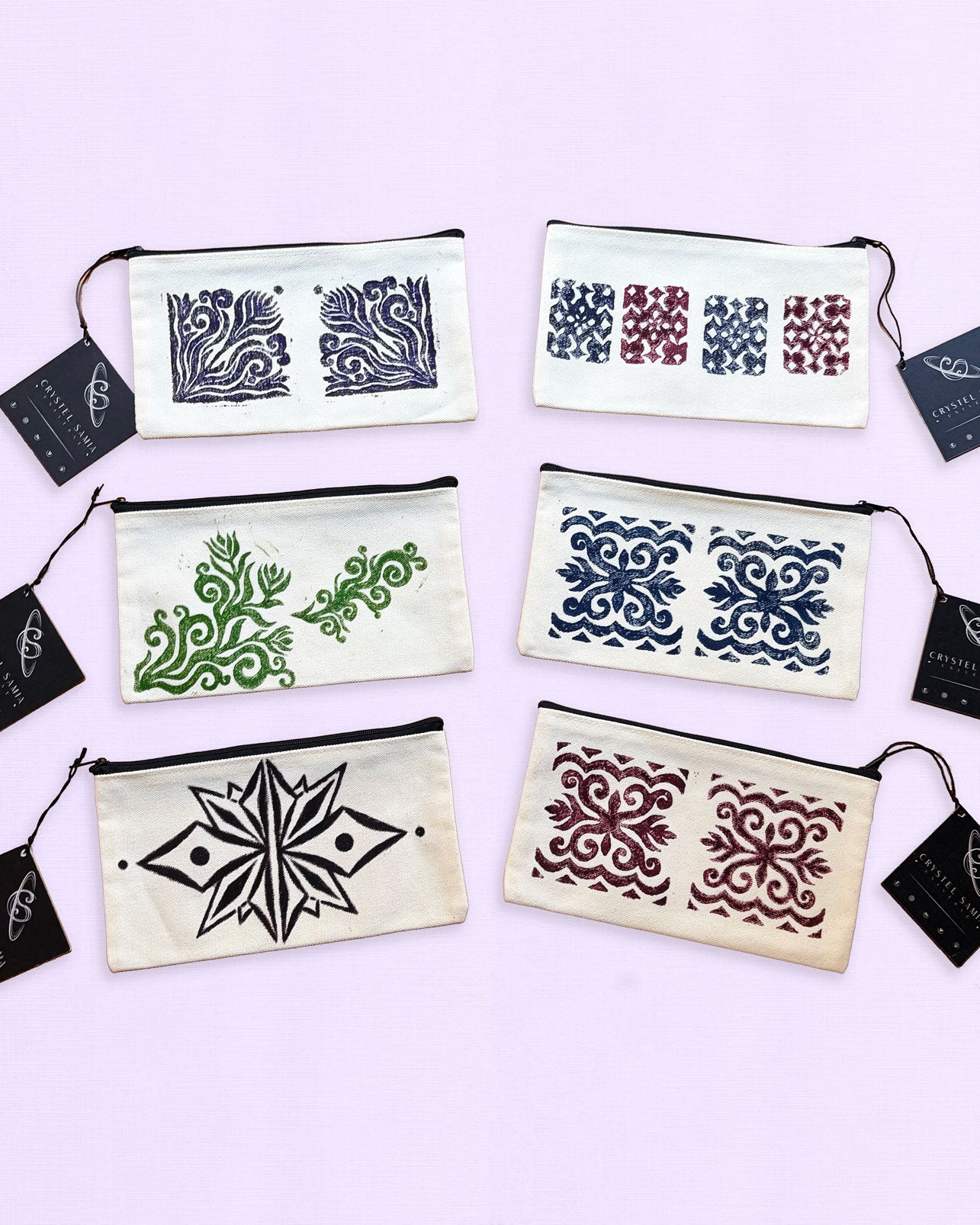 One-of-a-Kind Lino-Printed Linen Pouches - Red Patterns