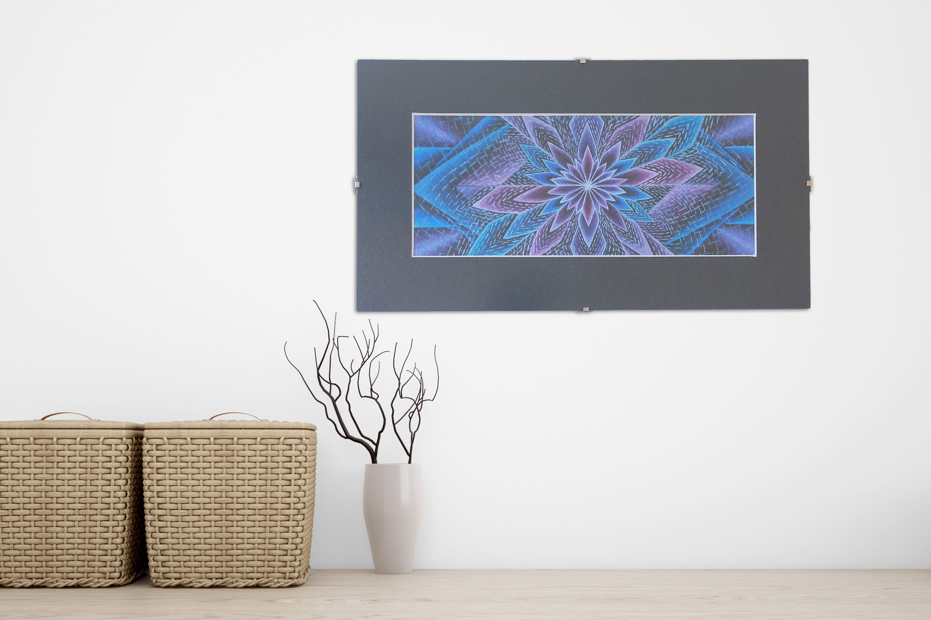 "Blue Blotus" Original Artwork line Art patterns colorful Signed by Artist organic home decoration wall hangings framed flower star blue and purple 1/1 visionary original art for sale