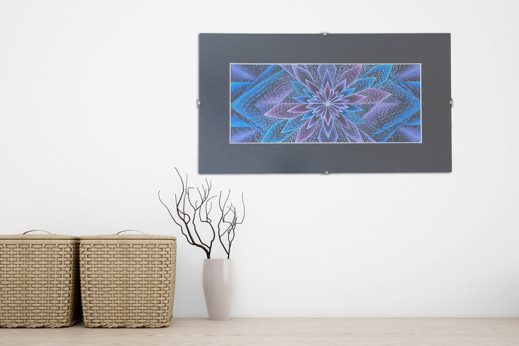 "Blue Blotus" Original Artwork line Art patterns colorful Signed by Artist organic home decoration wall hangings framed flower star blue and purple 1/1 visionary original art for sale