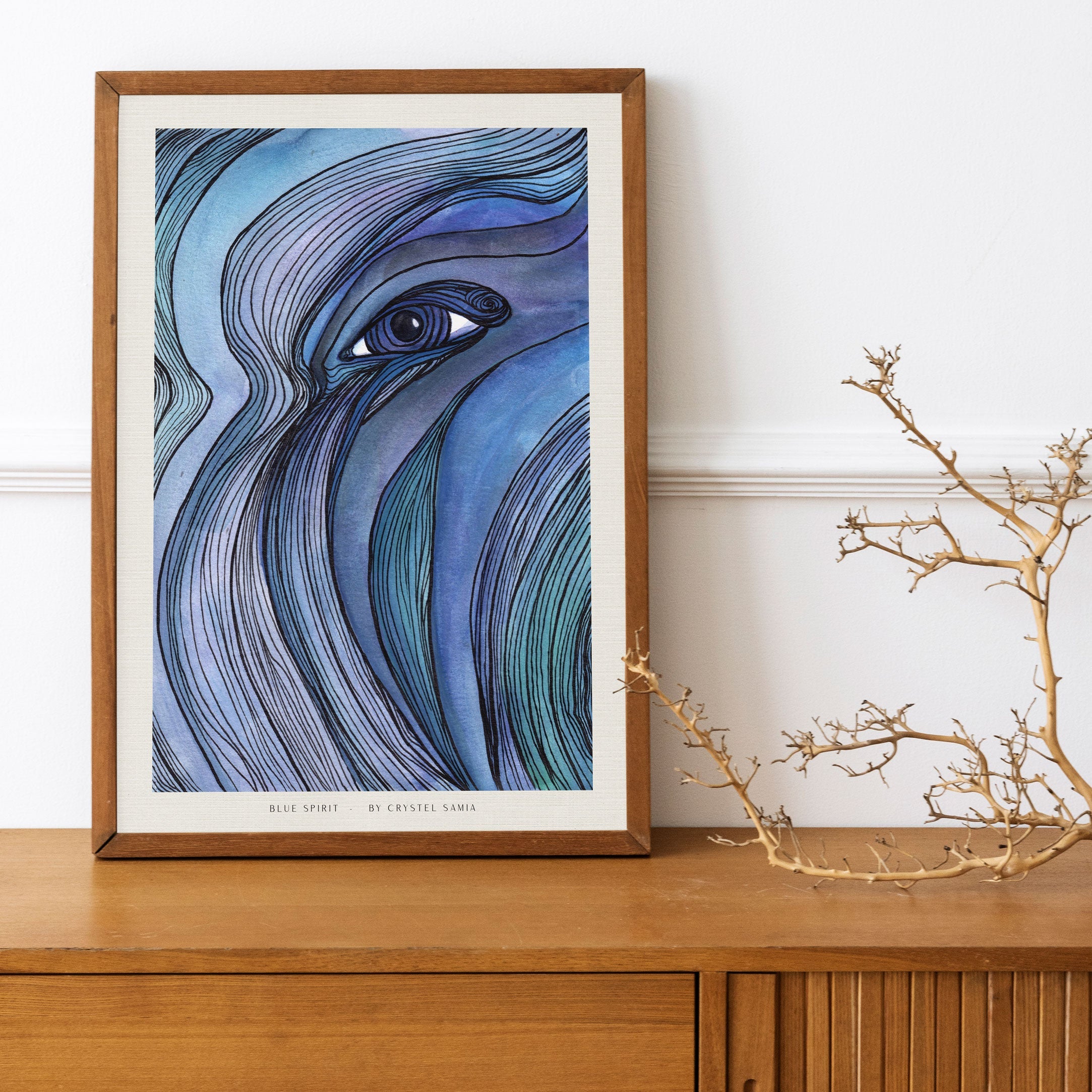 "Blue Spirit" Art Print Artwork line Art patterns colorful Signed by Artist organic home decoration wall hangings signed by artist quiet eye psychedelic art prints for sale