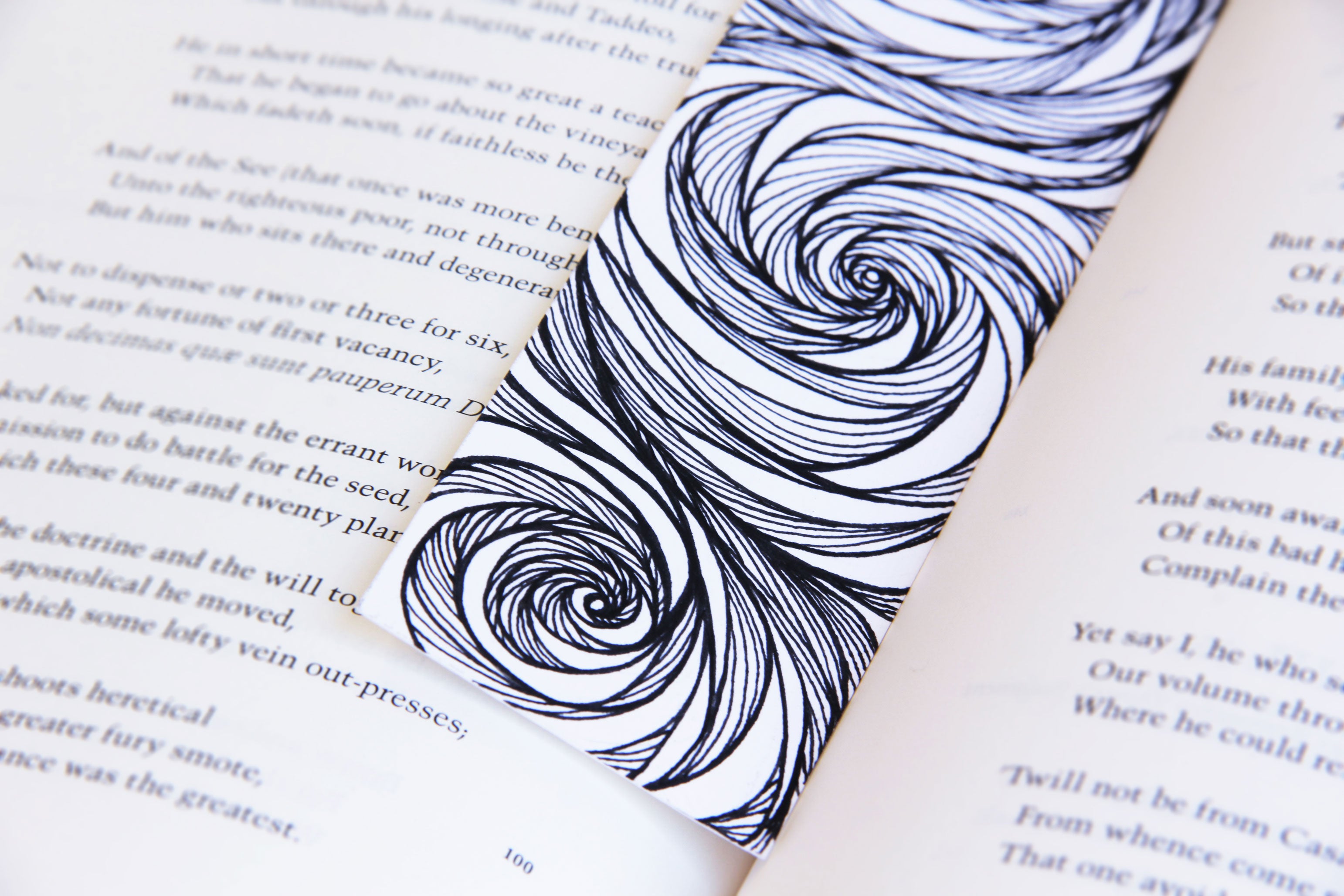 Bookmark wavy spirals line Art patterns organic handmade hand-painted Black and White