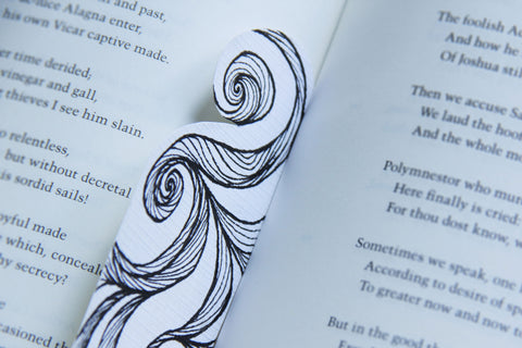 Bookmark wavy spirals line Art patterns organic handmade hand-painted Black and White signed unique