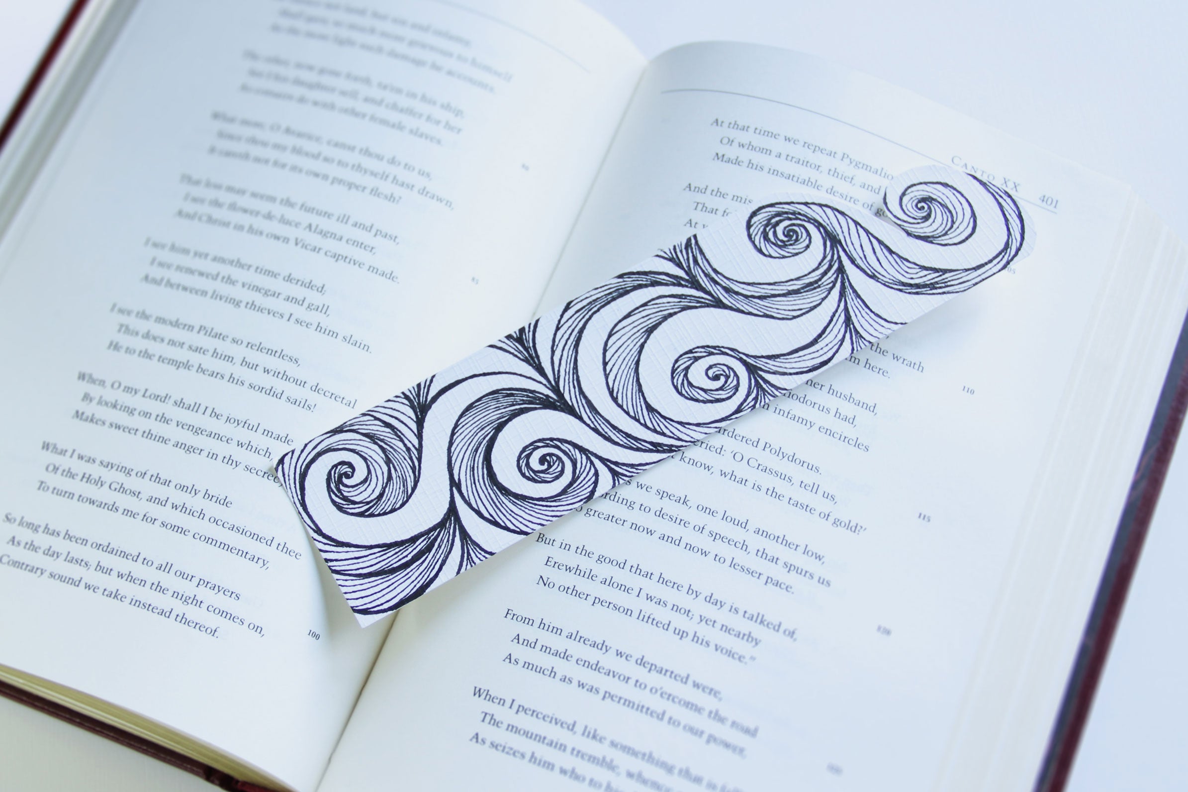 Bookmark wavy spirals line Art patterns organic handmade hand-painted Black and White signed unique