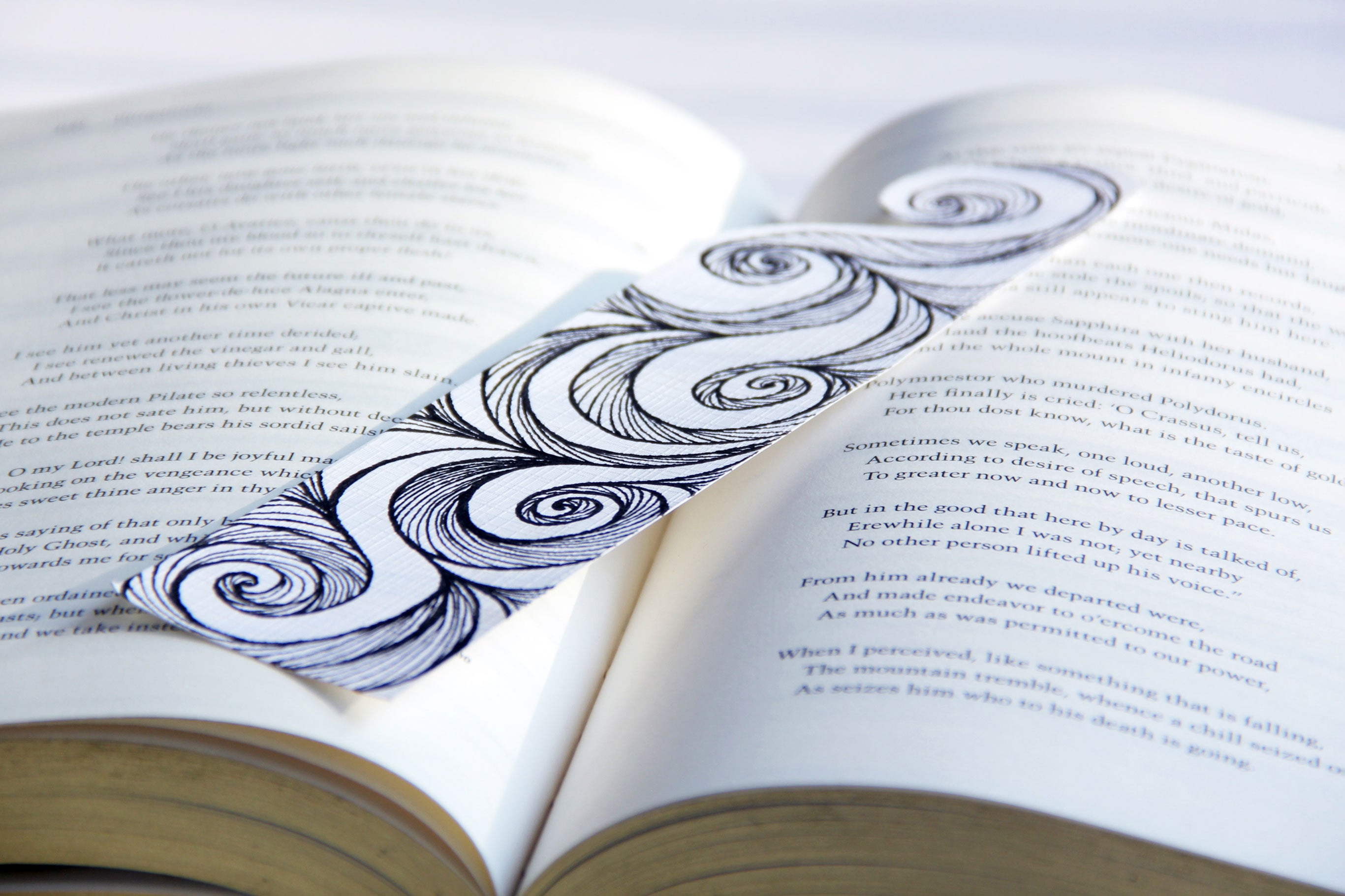 Bookmark wavy spirals line Art patterns organic handmade hand-painted Black and White signed unique