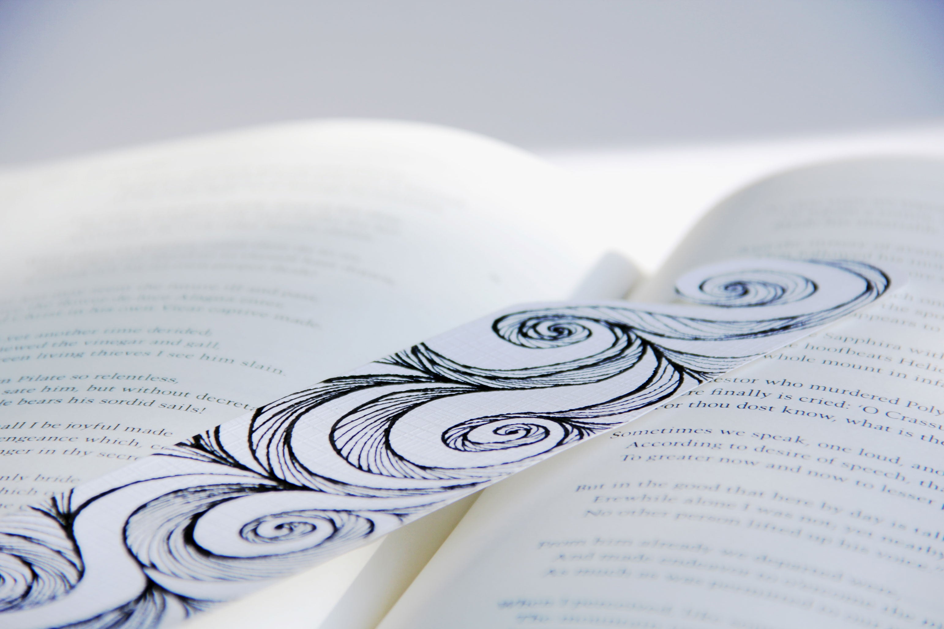 Bookmark wavy spirals line Art patterns organic handmade hand-painted Black and White signed unique