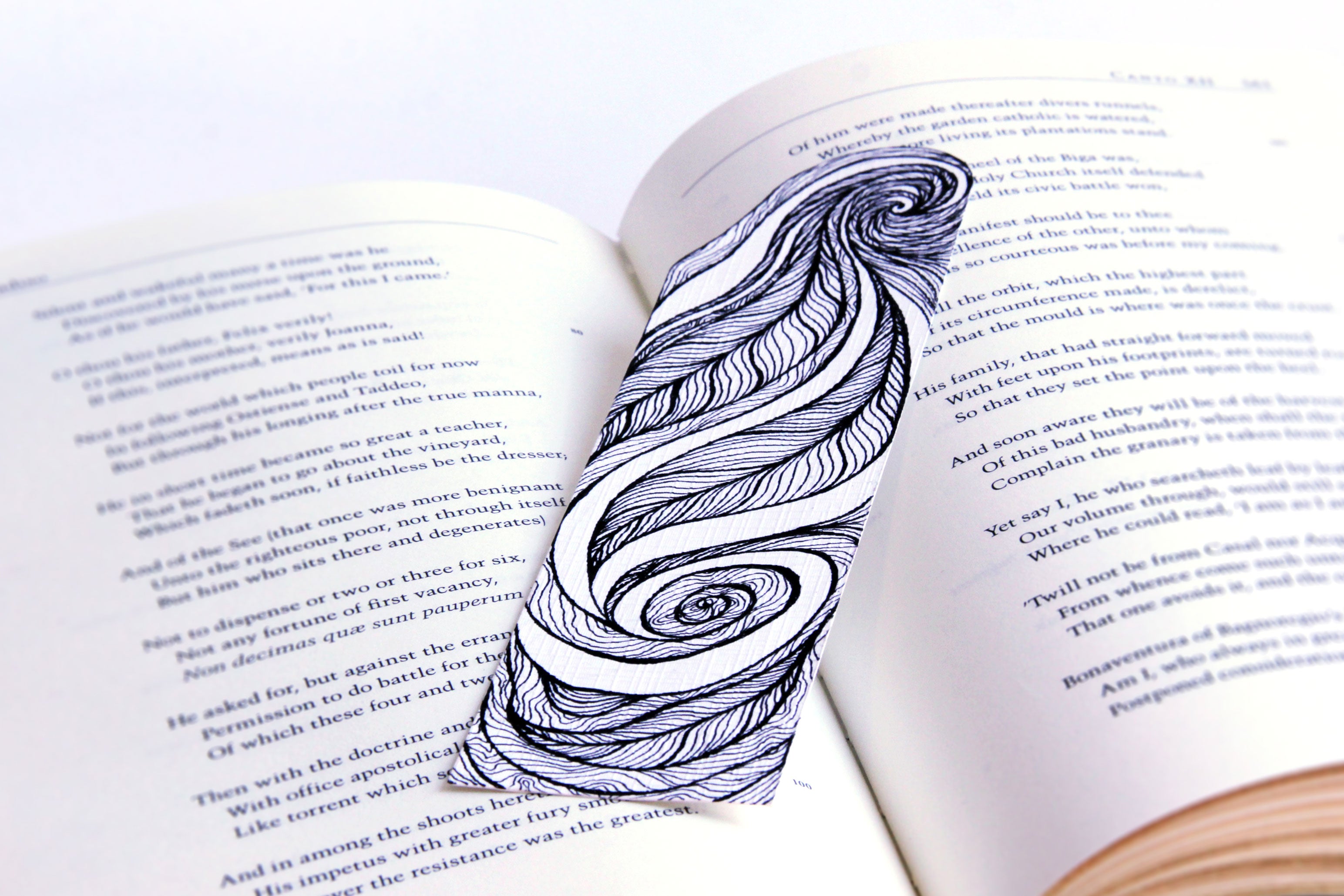 Bookmark wavy spirals line Art patterns organic handmade hand-painted Black and White signed unique