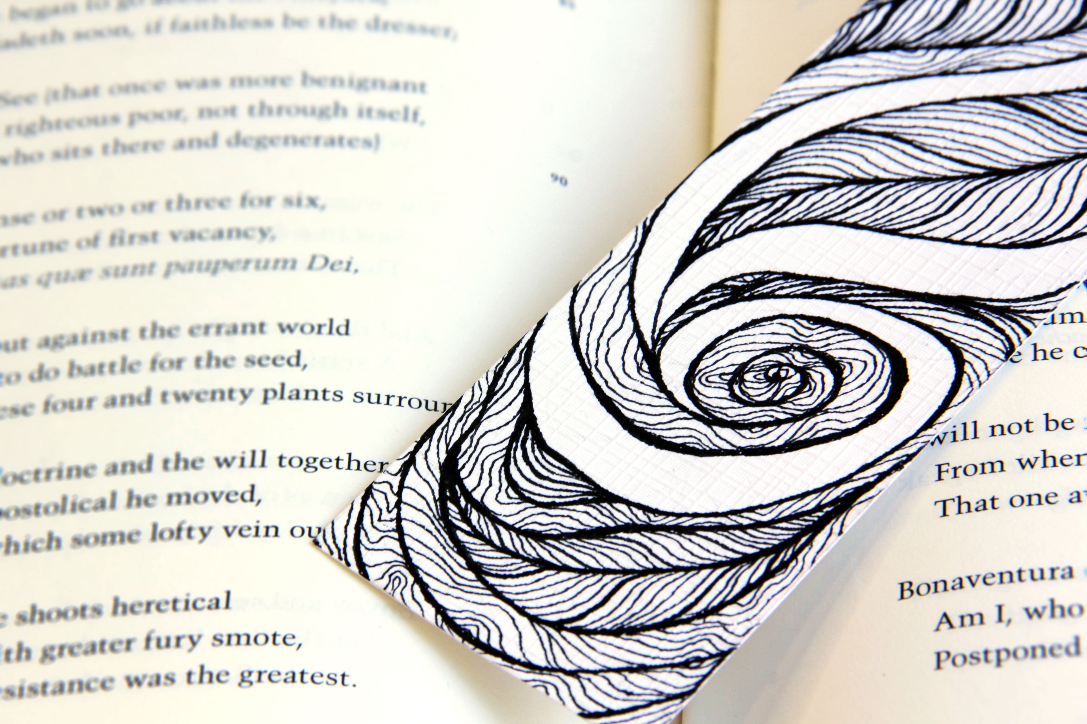 Bookmark wavy spirals line Art patterns organic handmade hand-painted Black and White signed unique