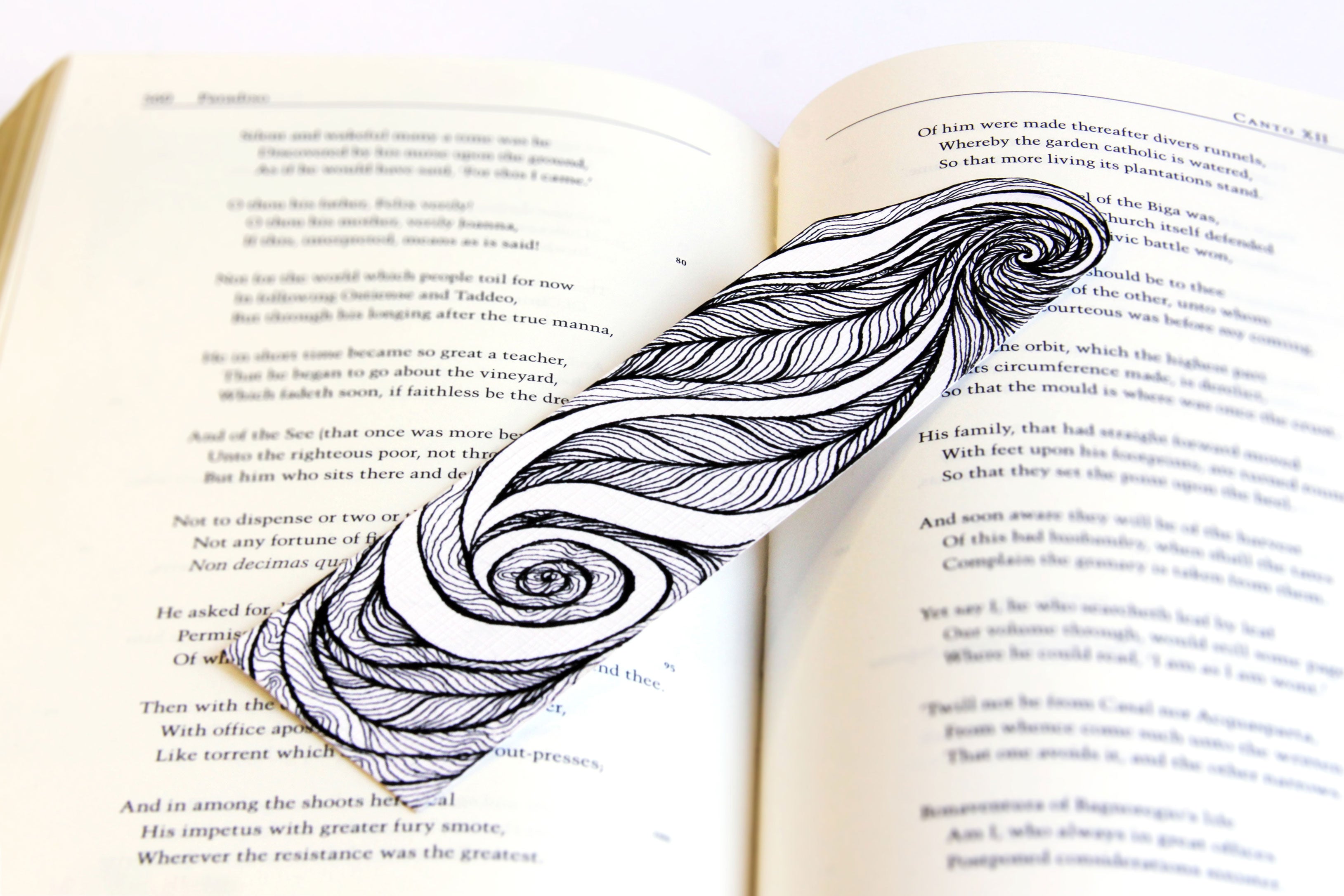 Bookmark wavy spirals line Art patterns organic handmade hand-painted Black and White signed unique