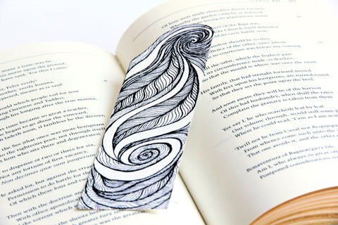 Bookmark wavy spirals line Art patterns organic handmade hand-painted Black and White signed unique