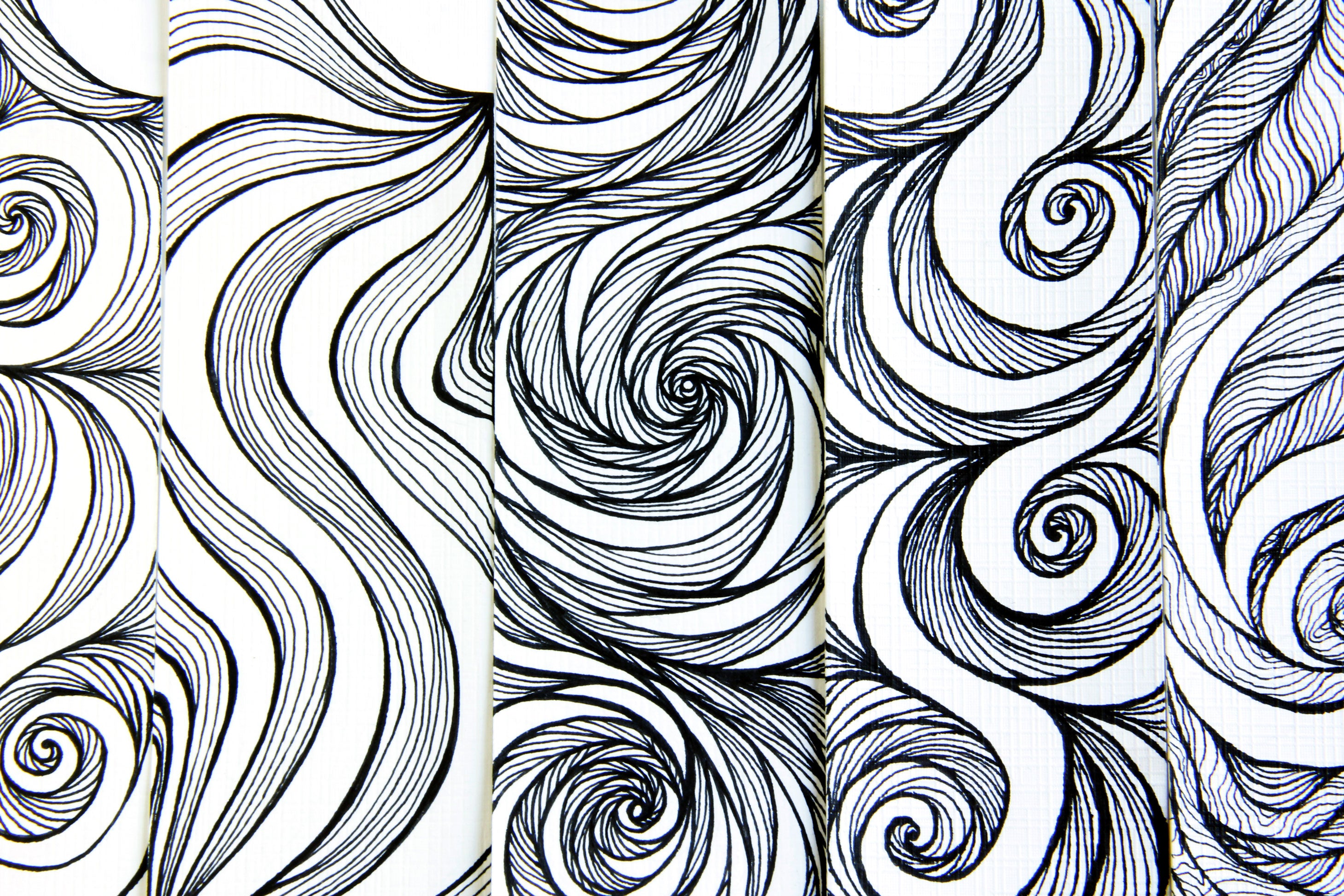 Bookmark wavy spirals line Art patterns organic handmade hand-painted Black and White signed 5 unique