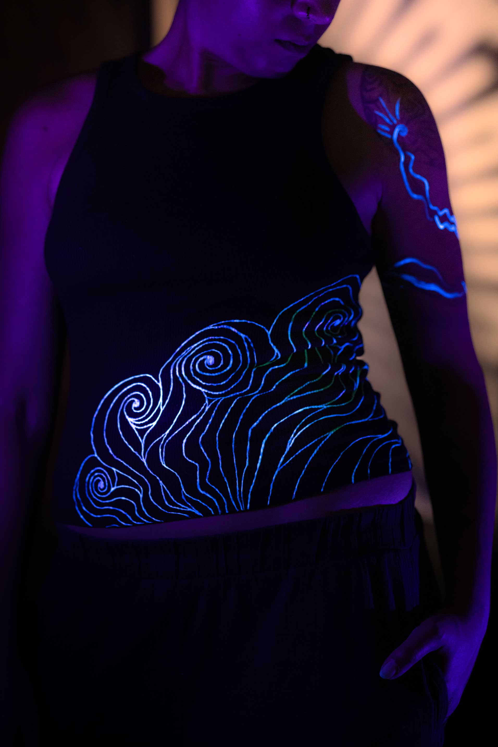 Black I-Shirt  – Blue Neon Line Art (One of a Kind) - Crystel Samia Universe
