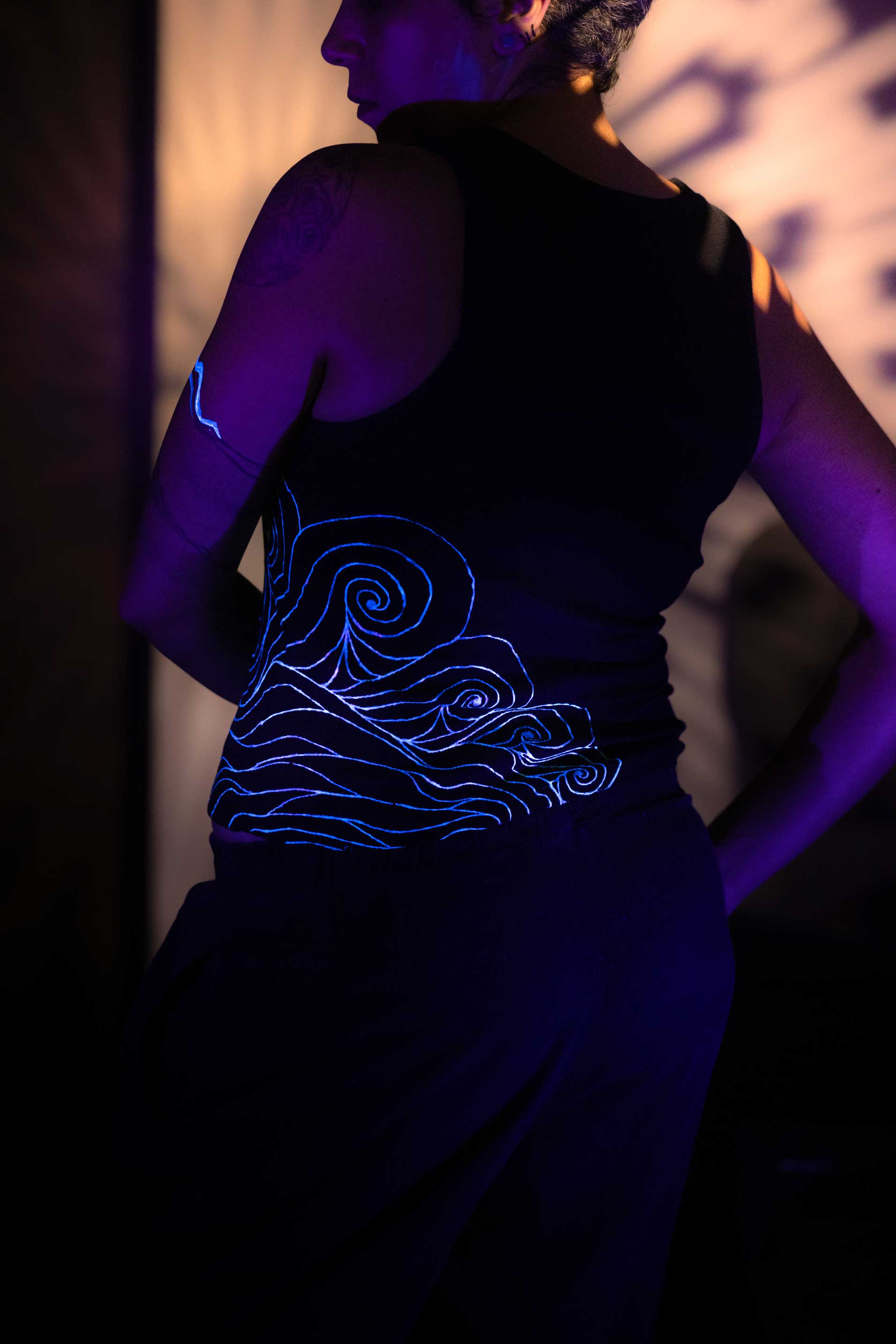 Black I-Shirt  – Blue Neon Line Art (One of a Kind) - Crystel Samia Universe