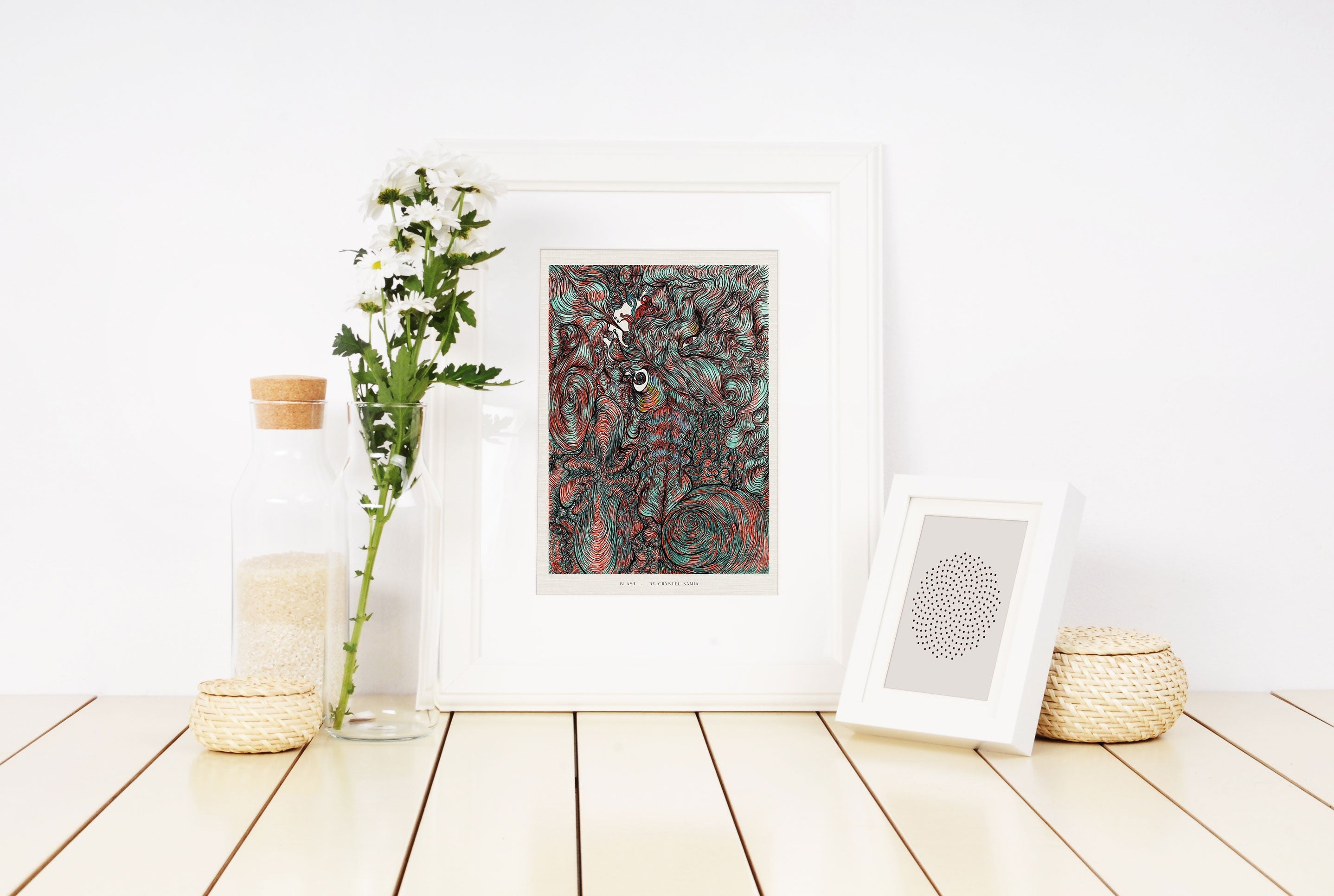 "Blast" Art Print Artwork line Art patterns colorful Signed by Artist Landscape signed by artist organic wooden frame home decoration wall hangings orange blue turquoise eye where to get prints made of original artwork