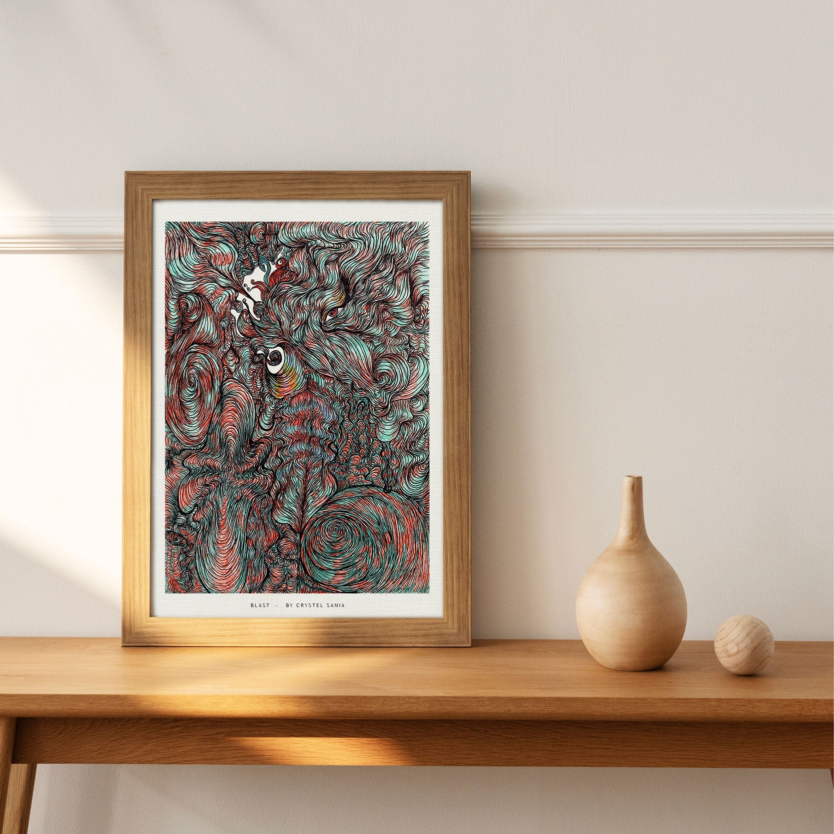 "Blast" Art Print Artwork line Art patterns colorful Signed by Artist Landscape signed by artist organic wooden frame home decoration wall hangings orange blue turquoise eye where to get prints made of original artwork