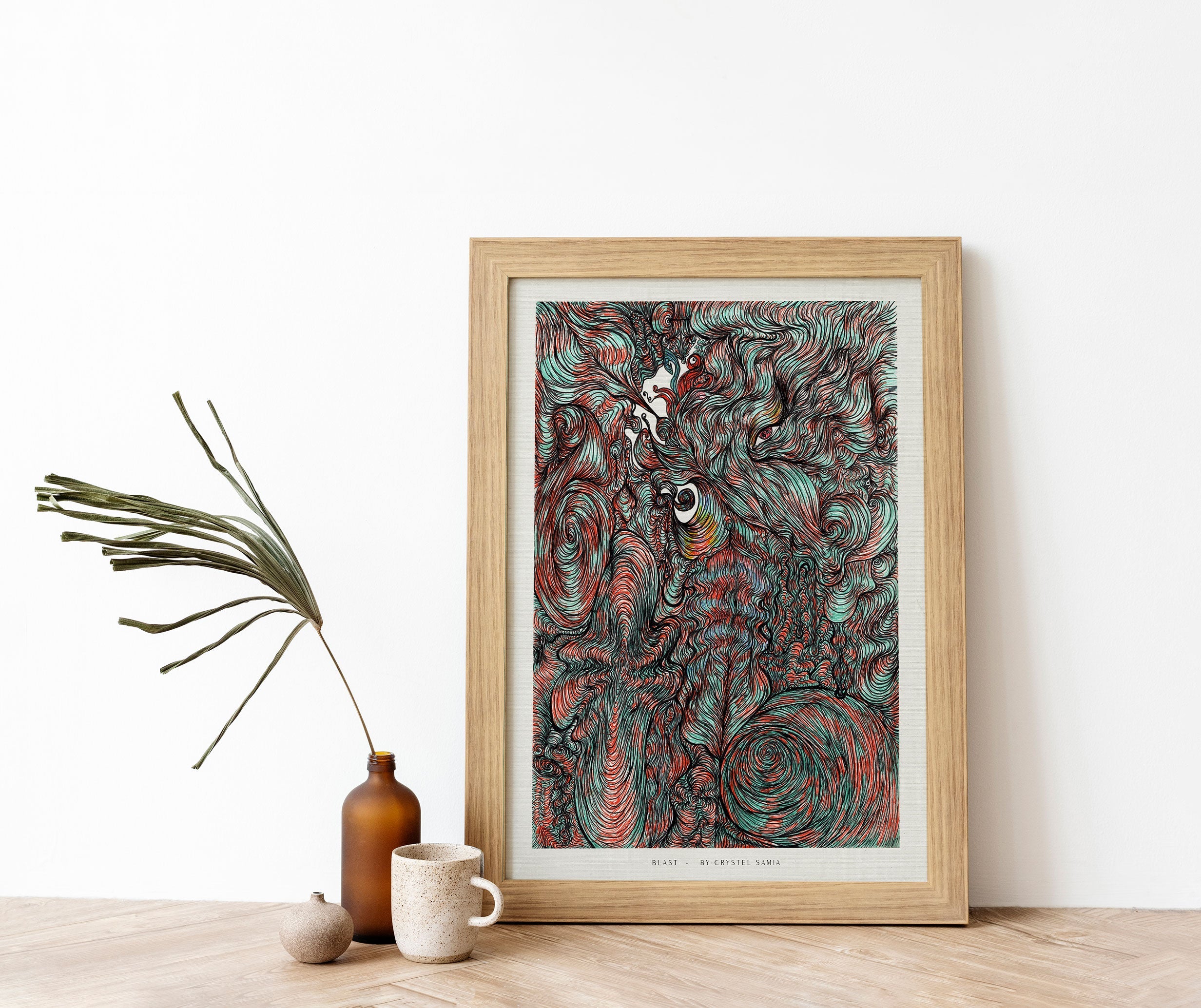 "Blast" Art Print Artwork line Art patterns colorful Signed by Artist Landscape signed by artist organic wooden frame home decoration wall hangings orange blue turquoise eye where to get prints made of original artwork