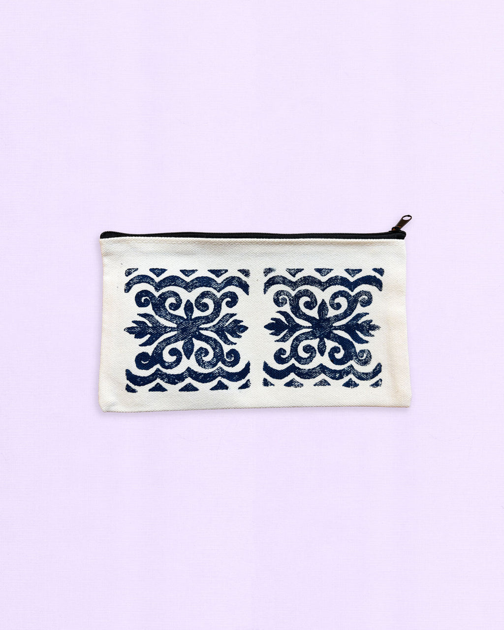 One-of-a-Kind Lino-Printed Linen Pouches - Blue Patterns