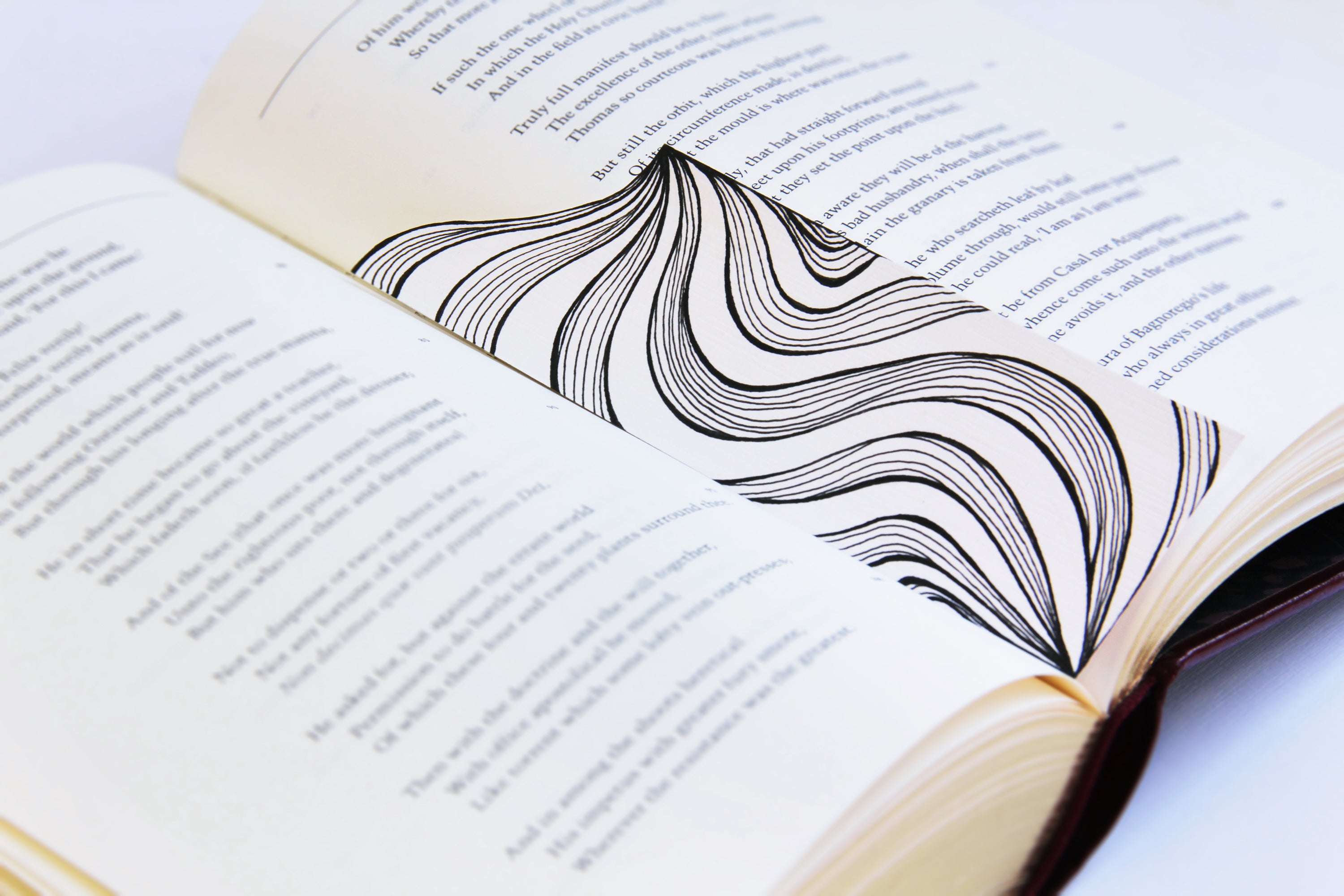 Bookmark wavy line Art patterns organic handmade hand-painted Black and White in a book