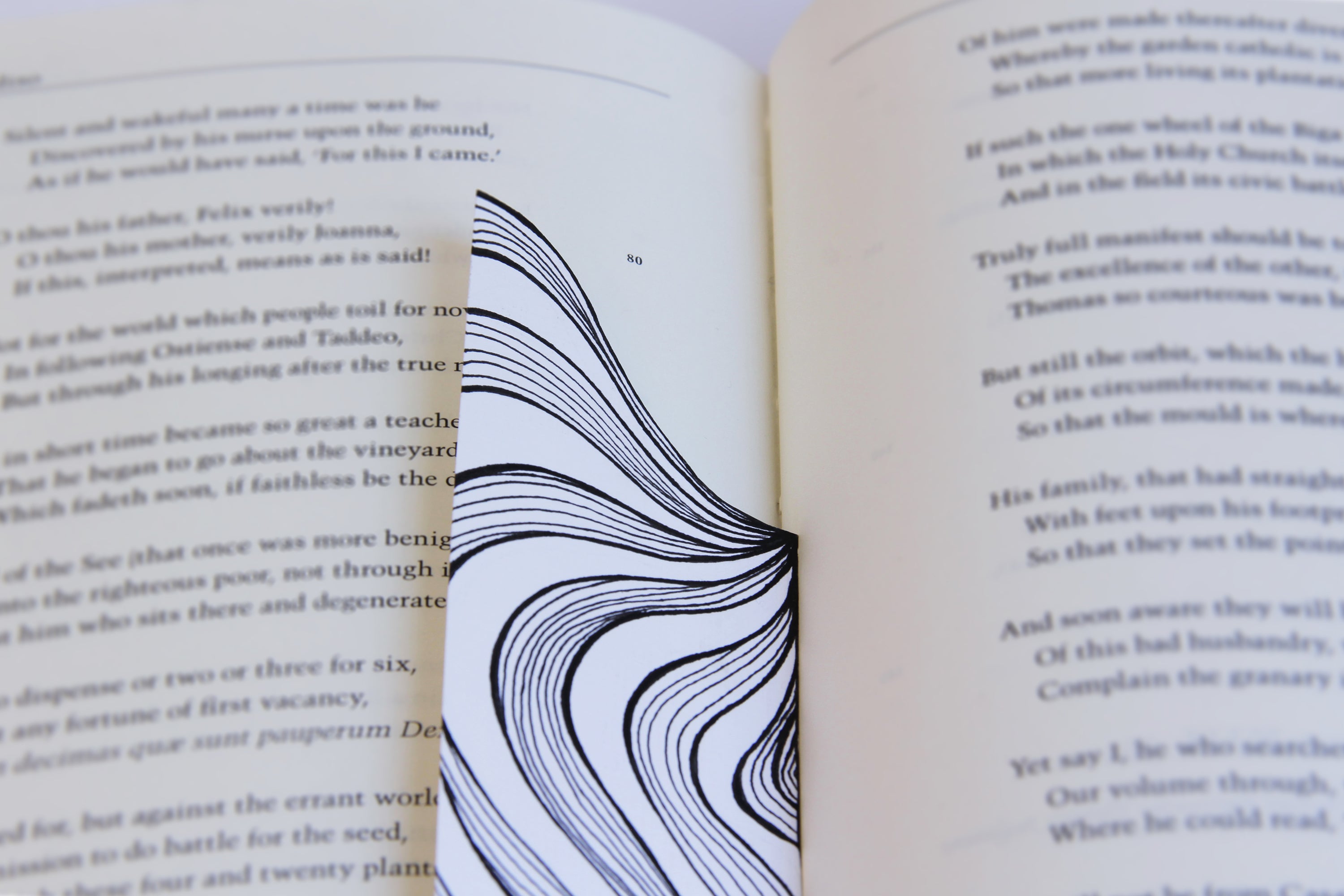 Bookmark wavy line Art patterns organic handmade hand-painted Black and White in a book