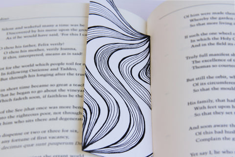 Bookmark wavy line Art patterns organic handmade hand-painted Black and White in a book