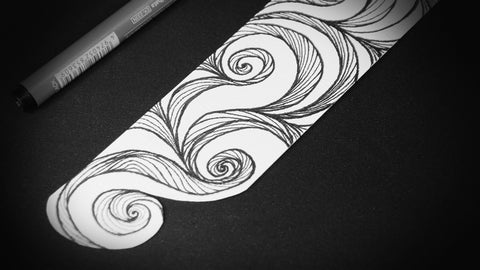 Bookmark leaf spirals line Art patterns organic handmade hand-painted Black and White