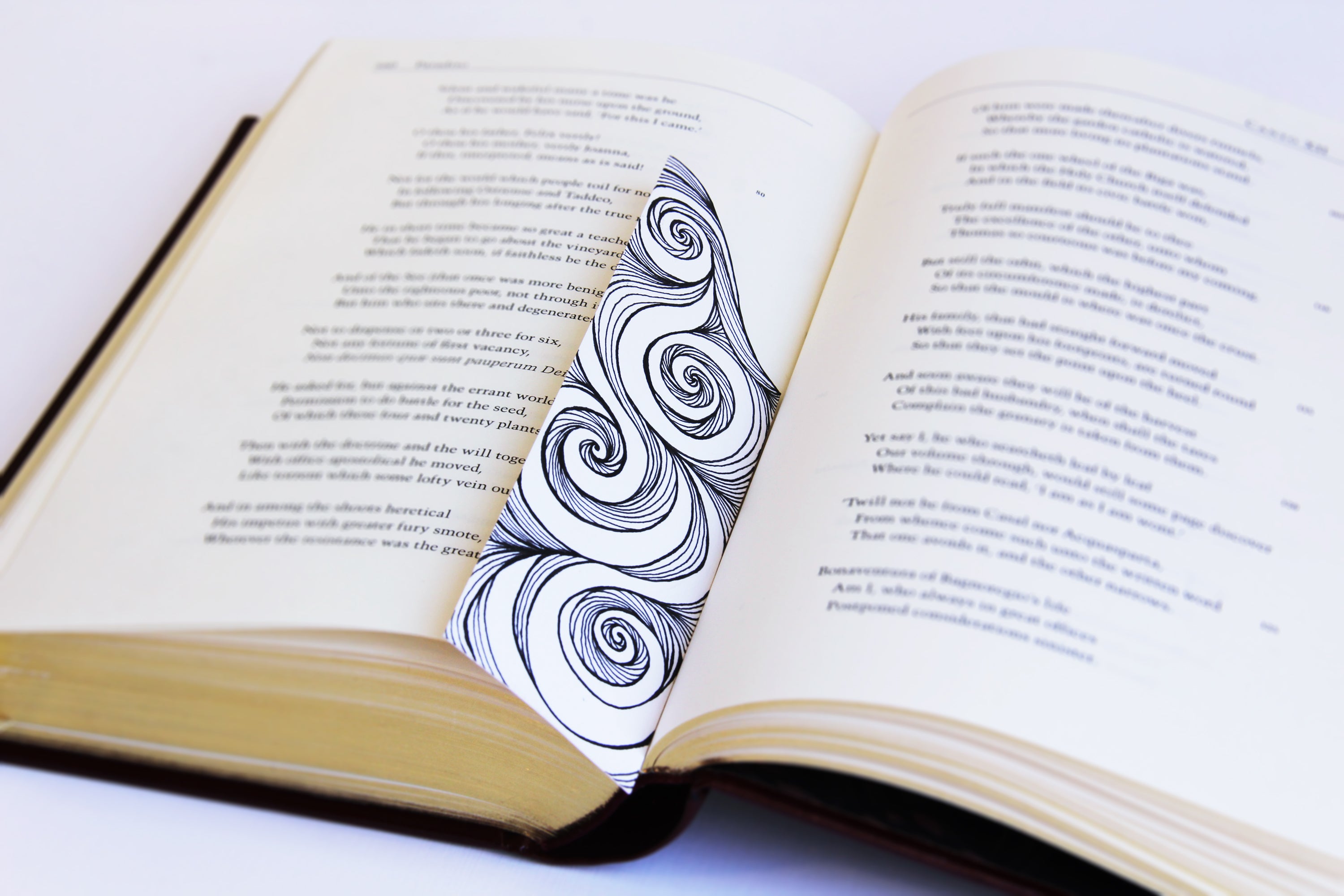 Bookmark leaf spirals line Art patterns organic handmade hand-painted Black and White