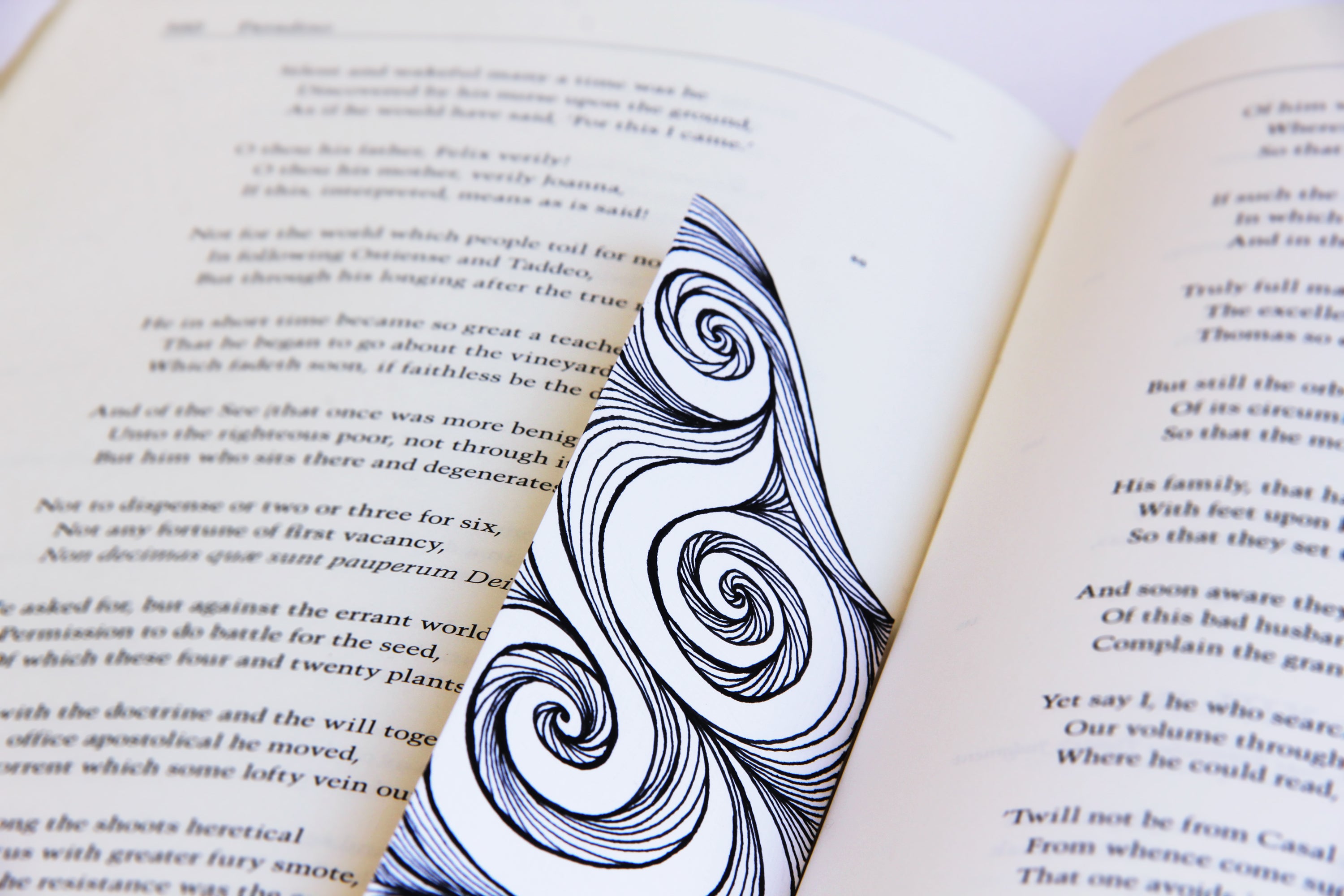 Bookmark leaf spirals line Art patterns organic handmade hand-painted Black and White