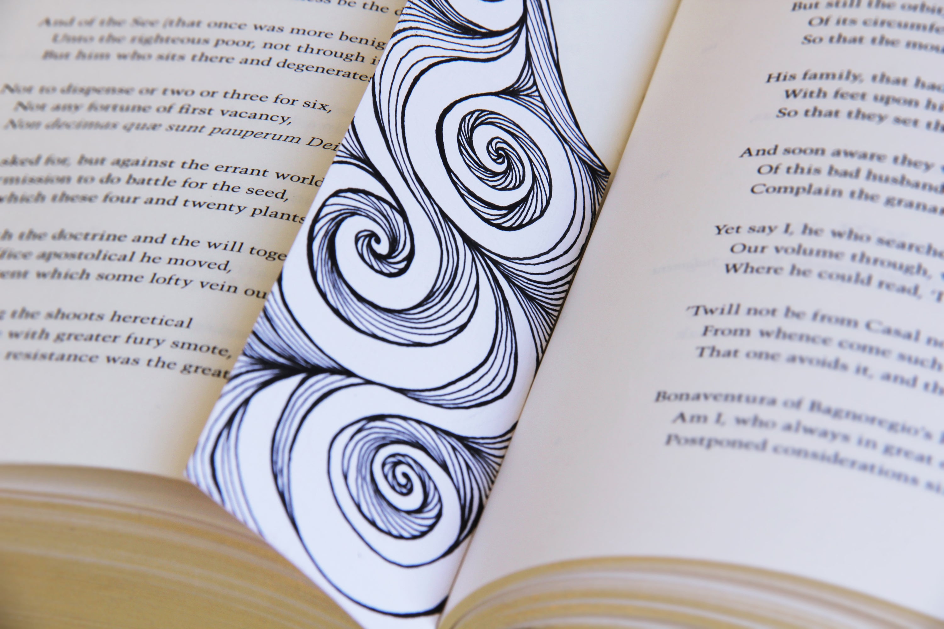 Bookmark leaf spirals line Art patterns organic handmade hand-painted Black and White