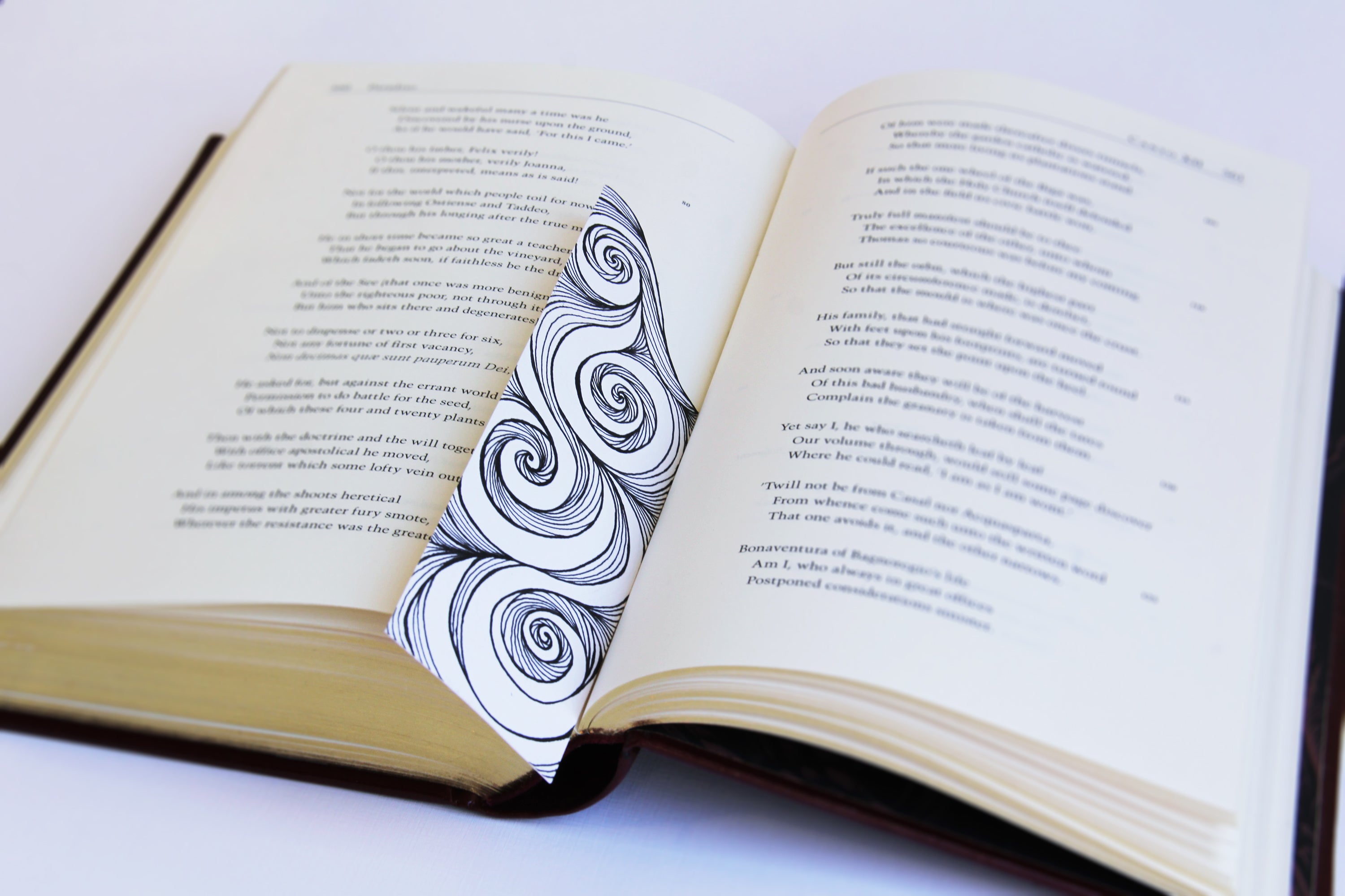 Bookmark leaf spirals line Art patterns organic handmade hand-painted Black and White