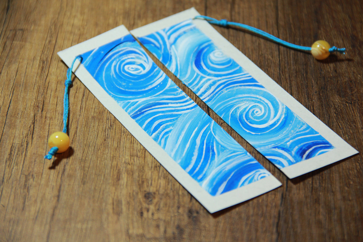 Two complementary bookmarks hand painted acrylic waves spirals amber couples friends gifts