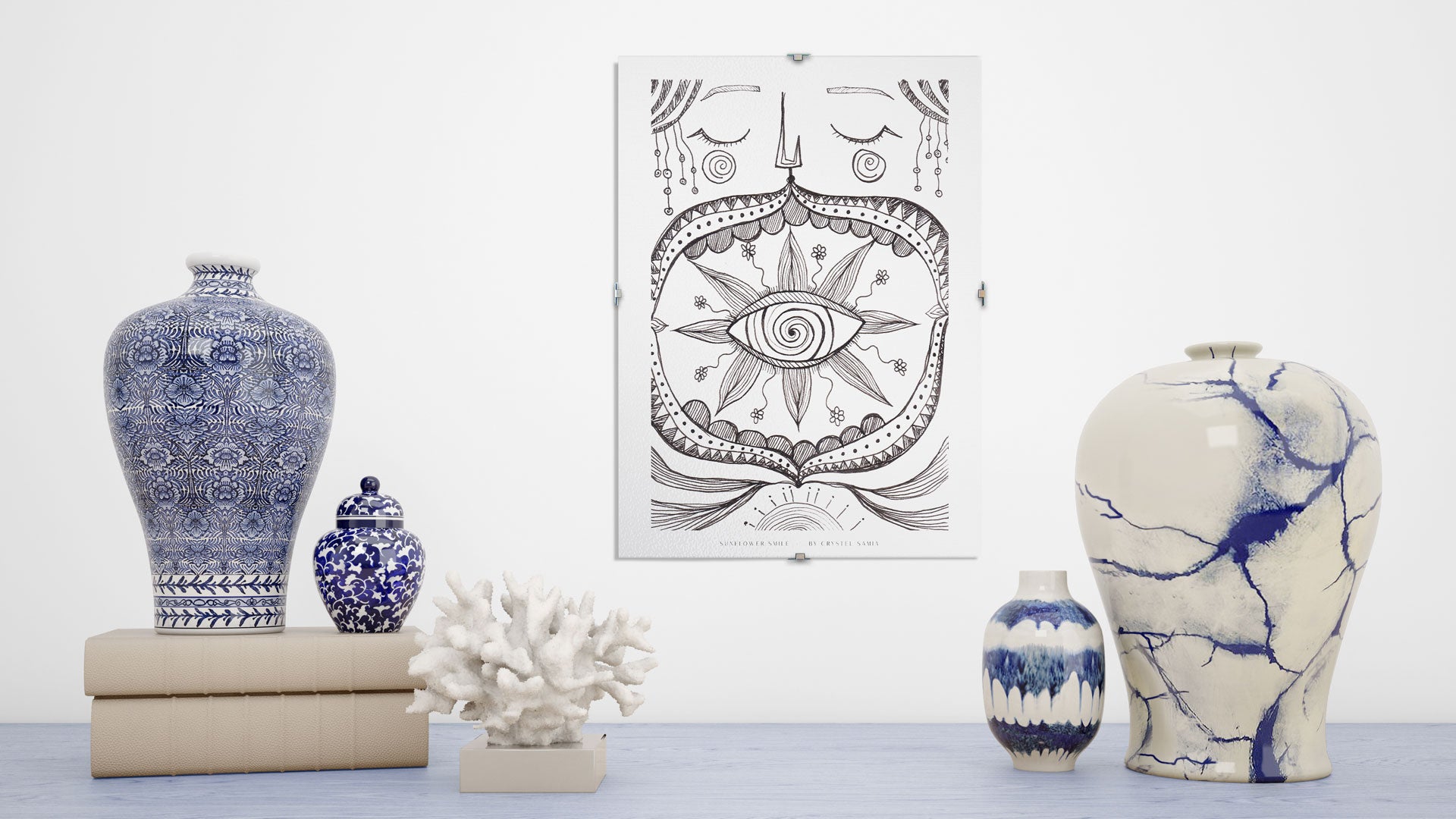 Sunflower Smiles: Limited Print from Original Hand-Painted Ink Artwork by Crystel Samia and Chimene Zouki signed by artist black and white line art