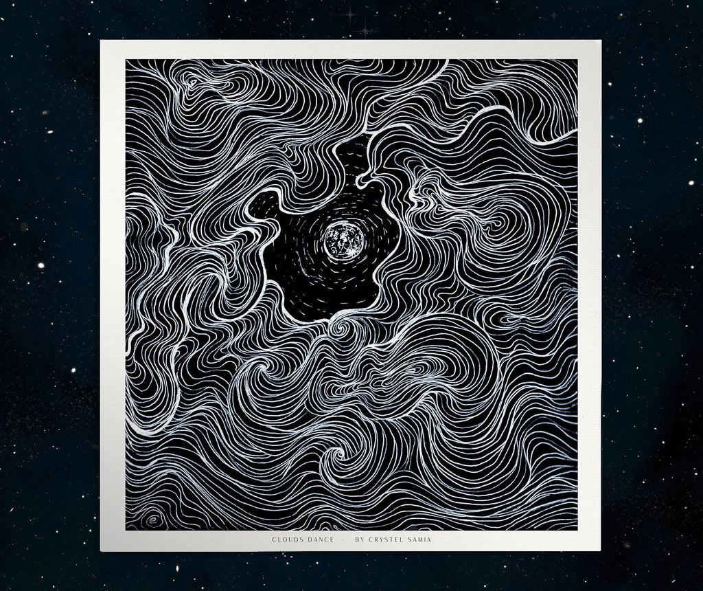 "Cloud Dance" Art Print Artwork line Art patterns colorful Signed by Artist organic nature home decoration wall hangings black and white line art moon drawing