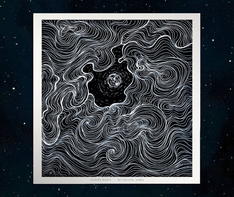"Cloud Dance" Art Print Artwork line Art patterns colorful Signed by Artist organic nature home decoration wall hangings black and white line art moon drawing