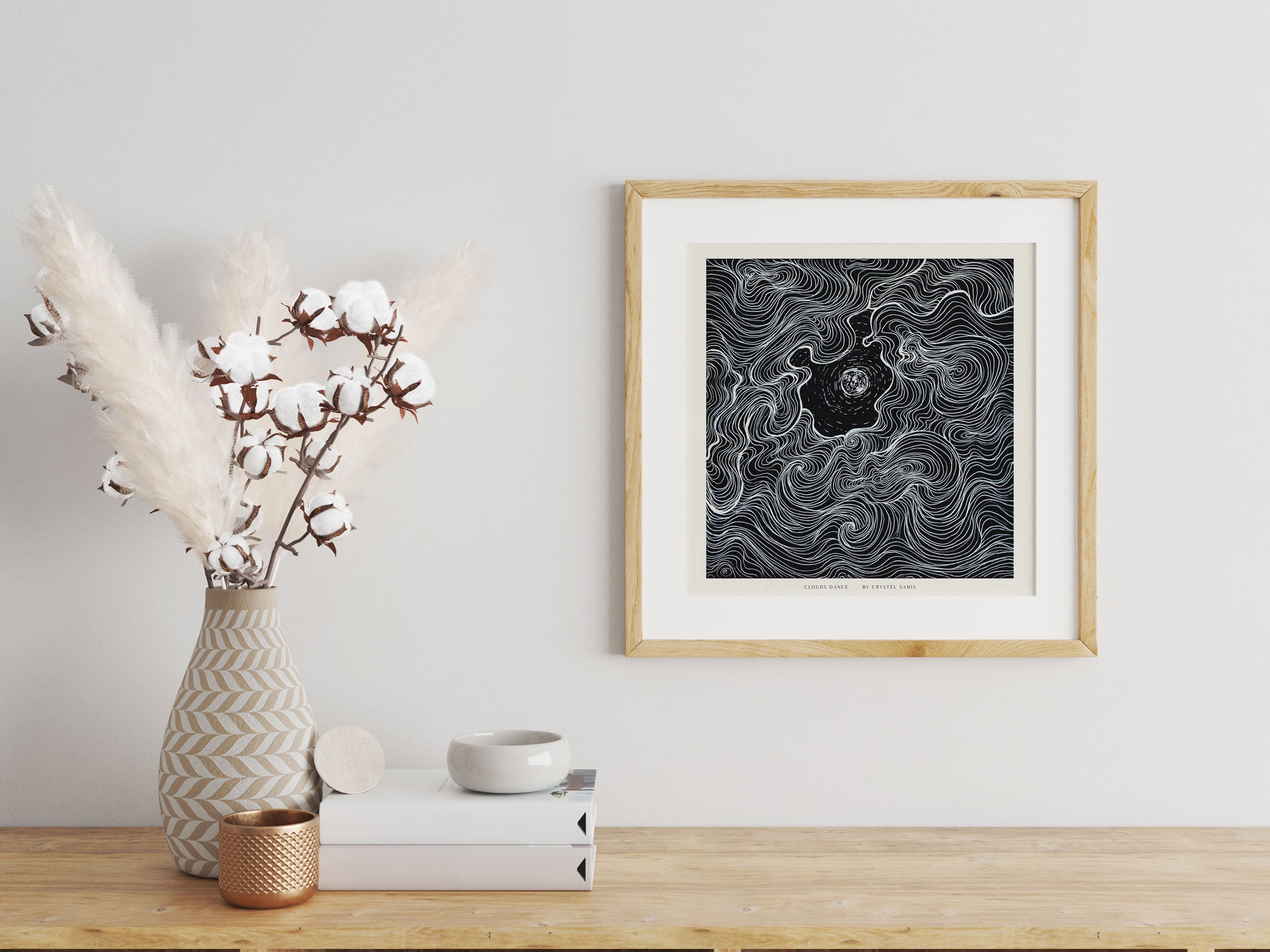 "Cloud Dance" Art Print Artwork line Art patterns colorful Signed by Artist organic nature home decoration wall hangings black and white line art moon drawing