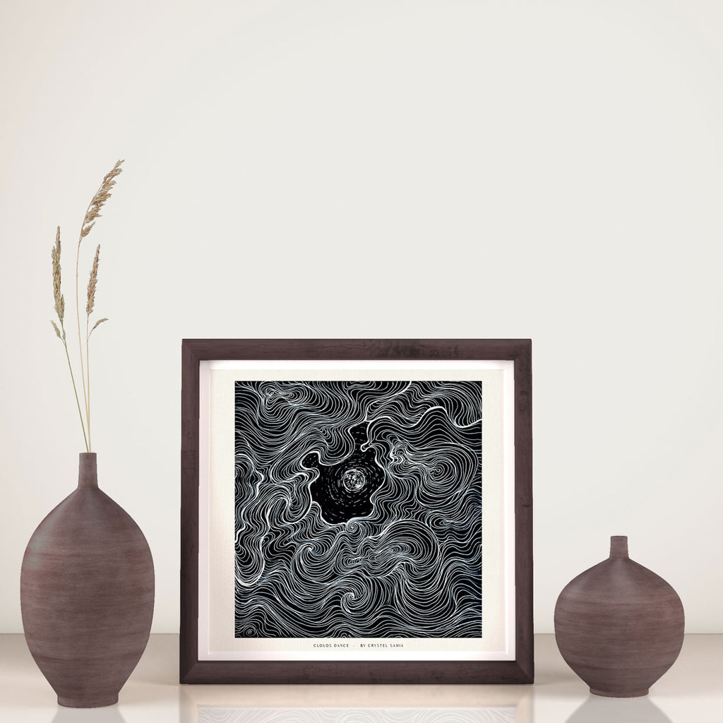"Cloud Dance" Art Print Artwork line Art patterns colorful Signed by Artist organic nature home decoration wall hangings black and white line art moon drawing