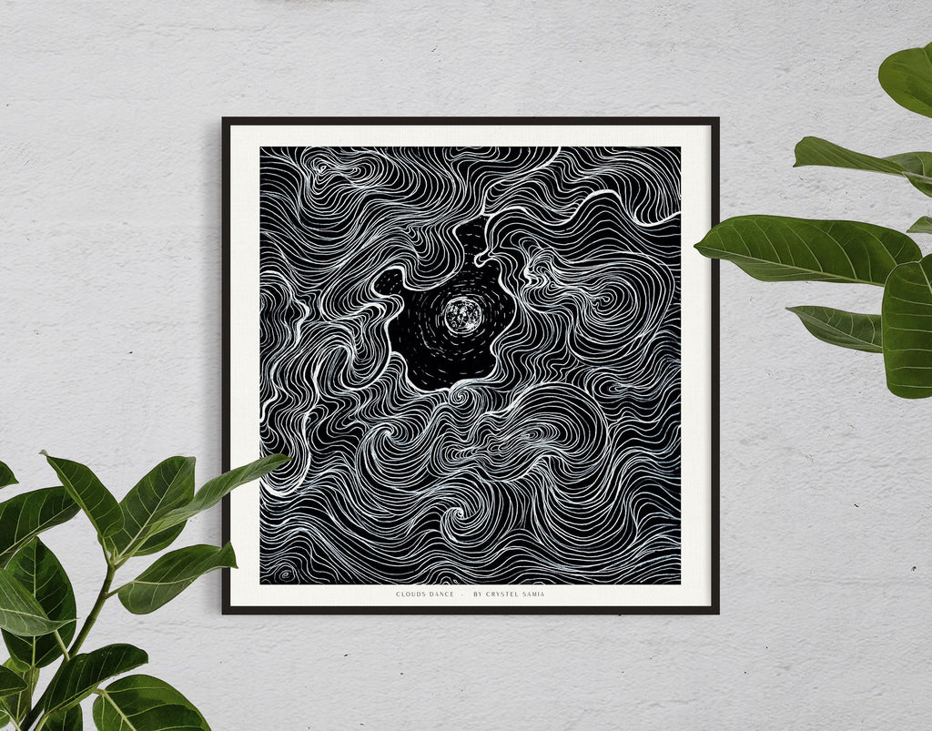 "Cloud Dance" Art Print Artwork line Art patterns colorful Signed by Artist organic nature home decoration wall hangings black and white line art moon drawing