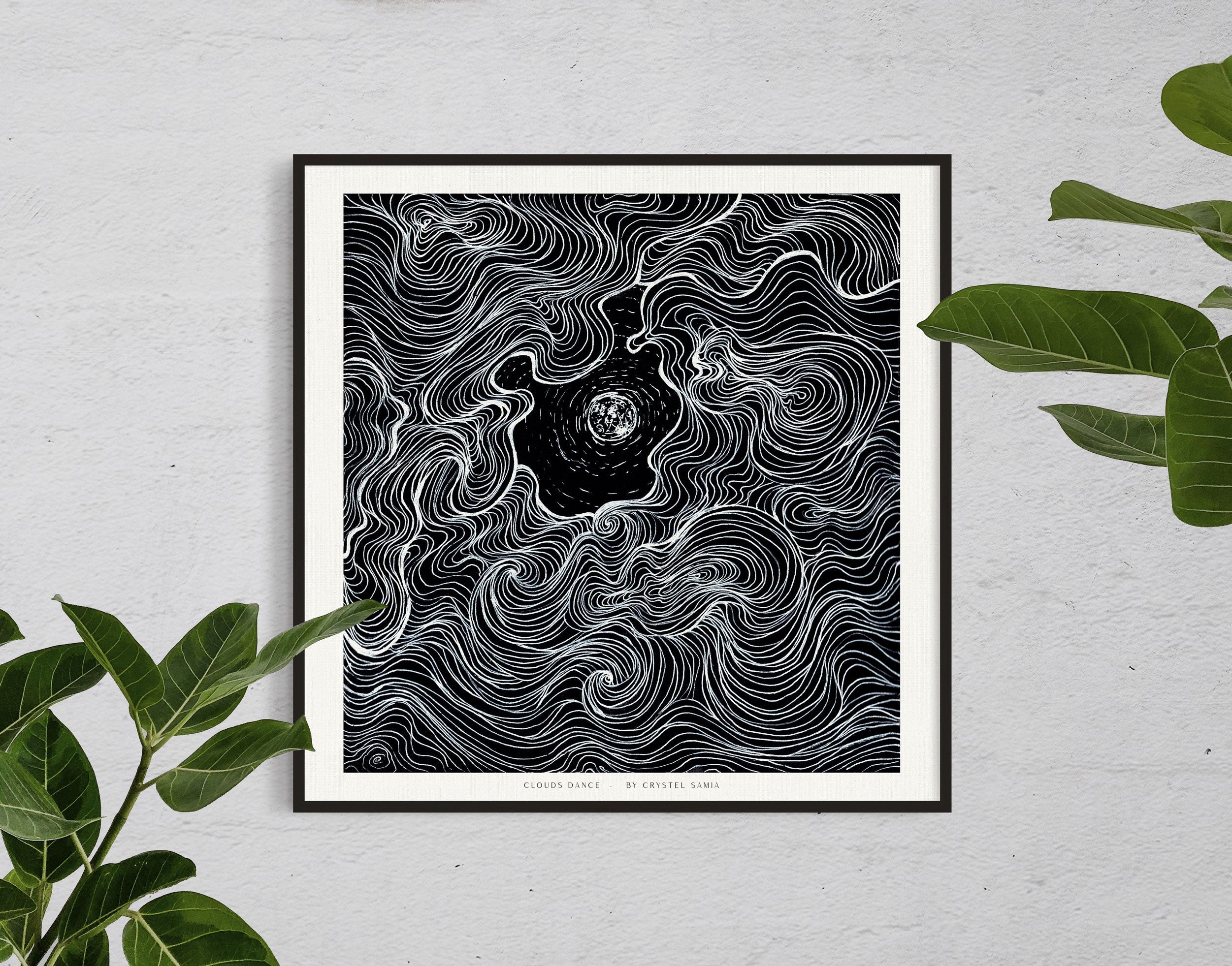 "Cloud Dance" Art Print Artwork line Art patterns colorful Signed by Artist organic nature home decoration wall hangings black and white line art moon drawing
