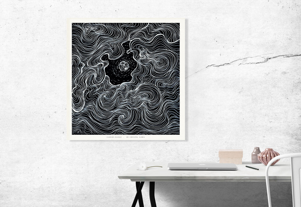 "Cloud Dance" Art Print Artwork line Art patterns colorful Signed by Artist organic nature home decoration wall hangings black and white line art moon drawing
