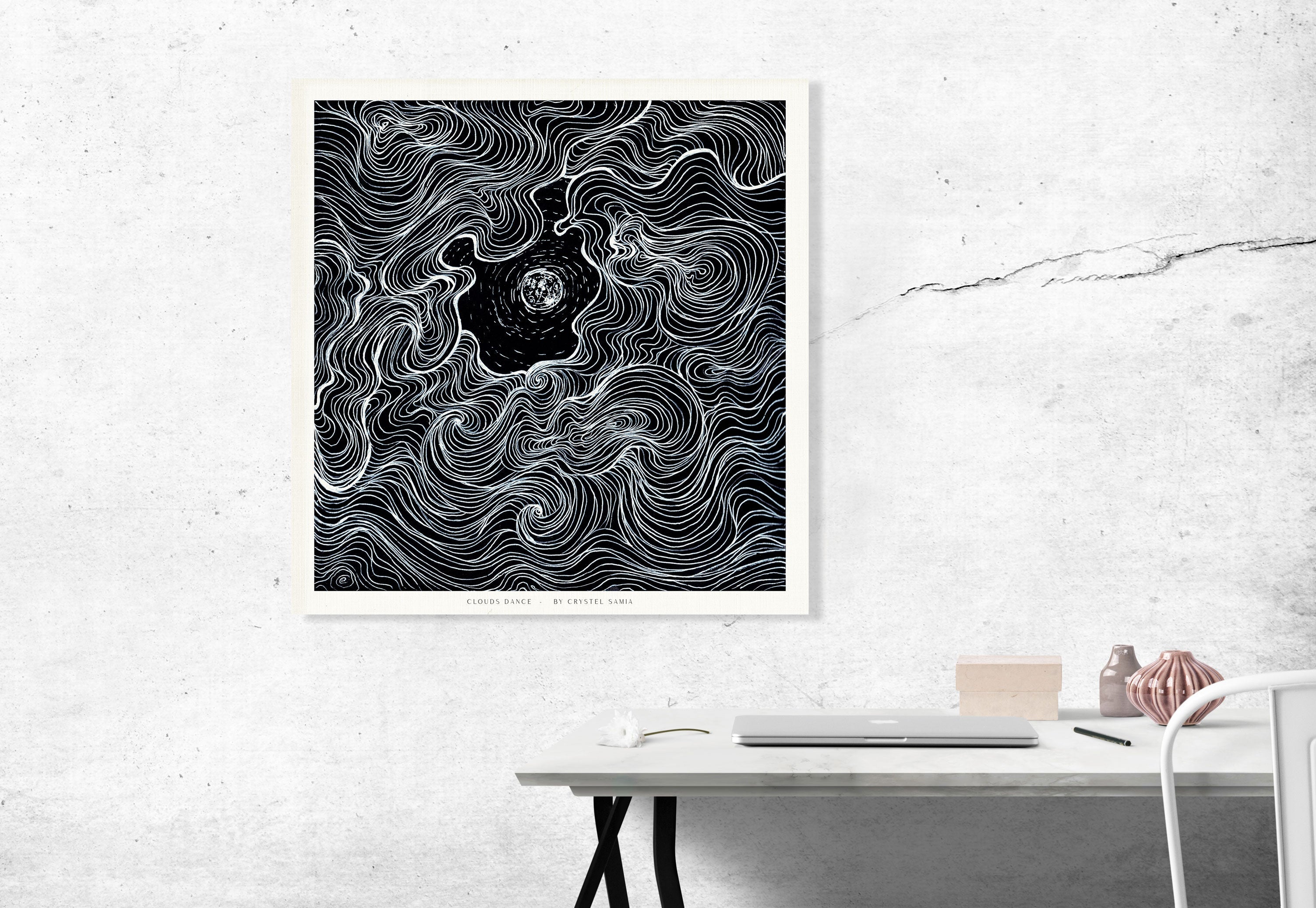 "Cloud Dance" Art Print Artwork line Art patterns colorful Signed by Artist organic nature home decoration wall hangings black and white line art moon drawing