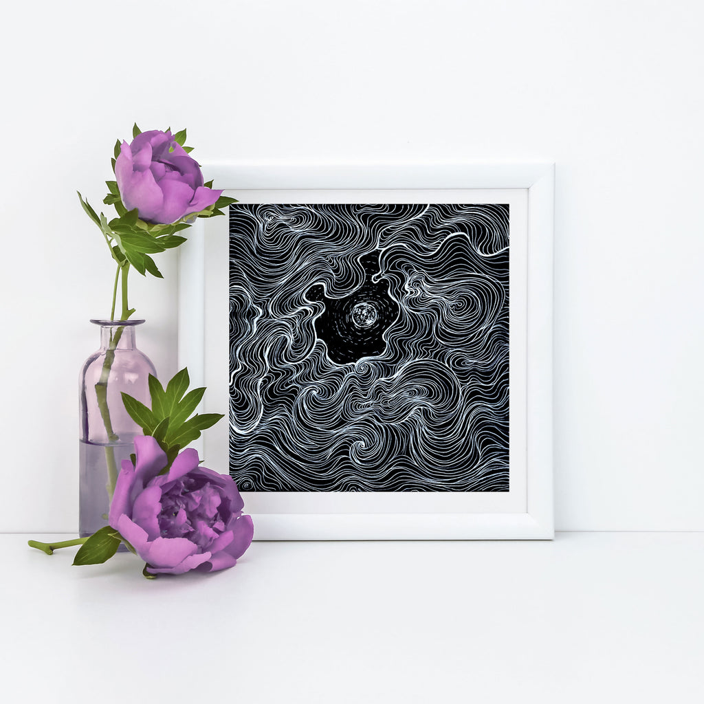 "Cloud Dance" Art Print Artwork line Art patterns colorful Signed by Artist organic nature home decoration wall hangings black and white line art moon drawing